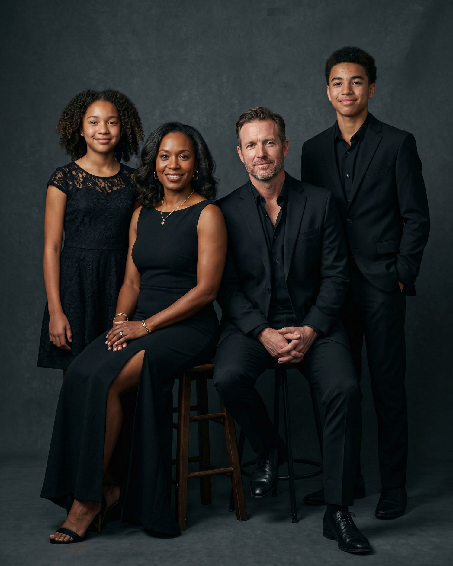 Elegant family of four in matching black outfits poses for a formal studio portrait. an Ottawa studio Family fine art portrait.