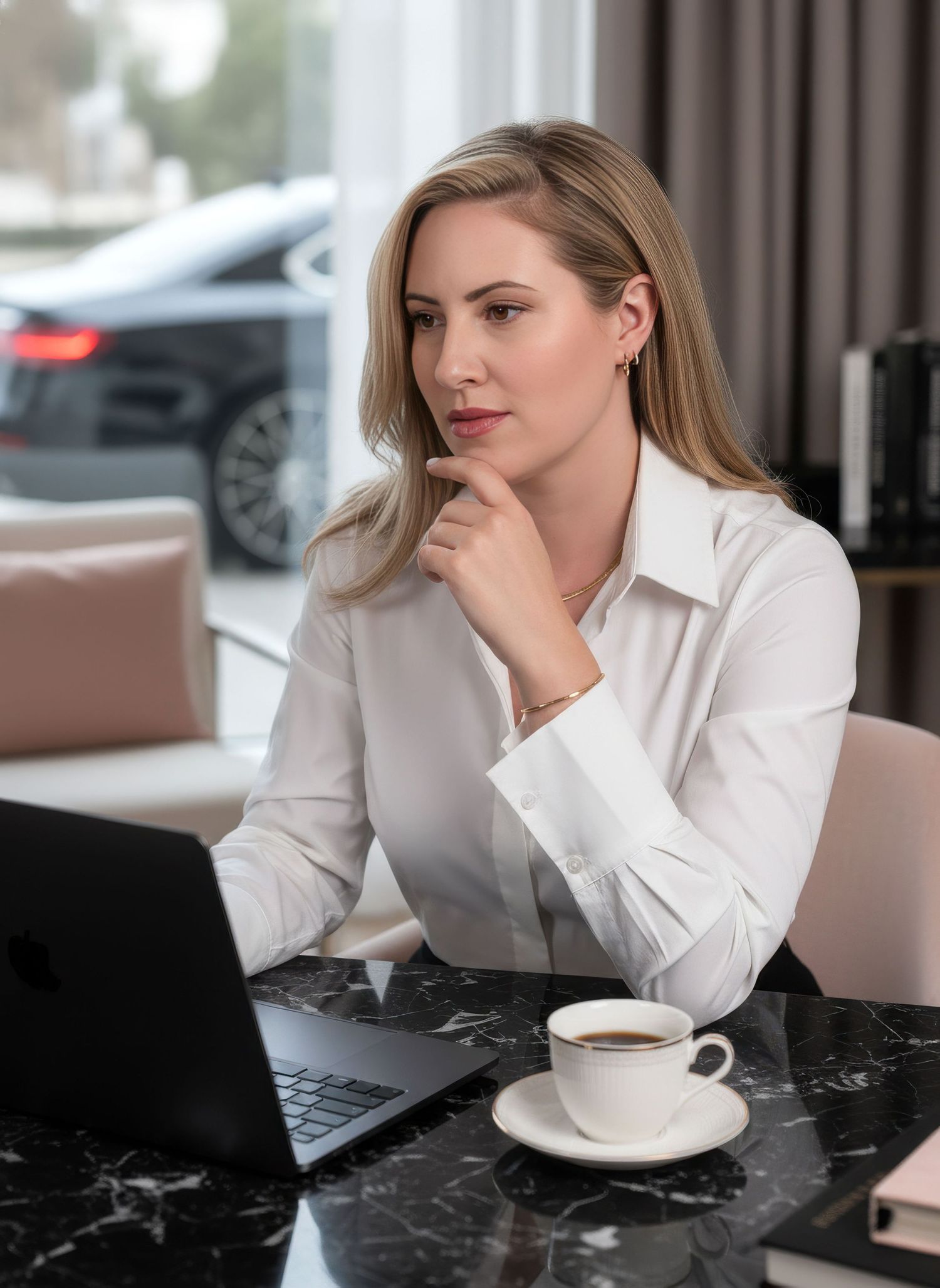 Professional woman in white blouse working on laptop at marble table with coffee cup.