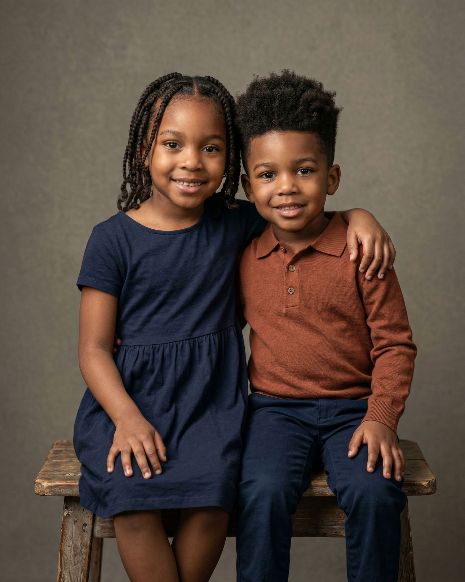 Two young siblings in navy and rust outfits smiling in a professional studio portrait. an Ottawa studio Family fine art portrait.