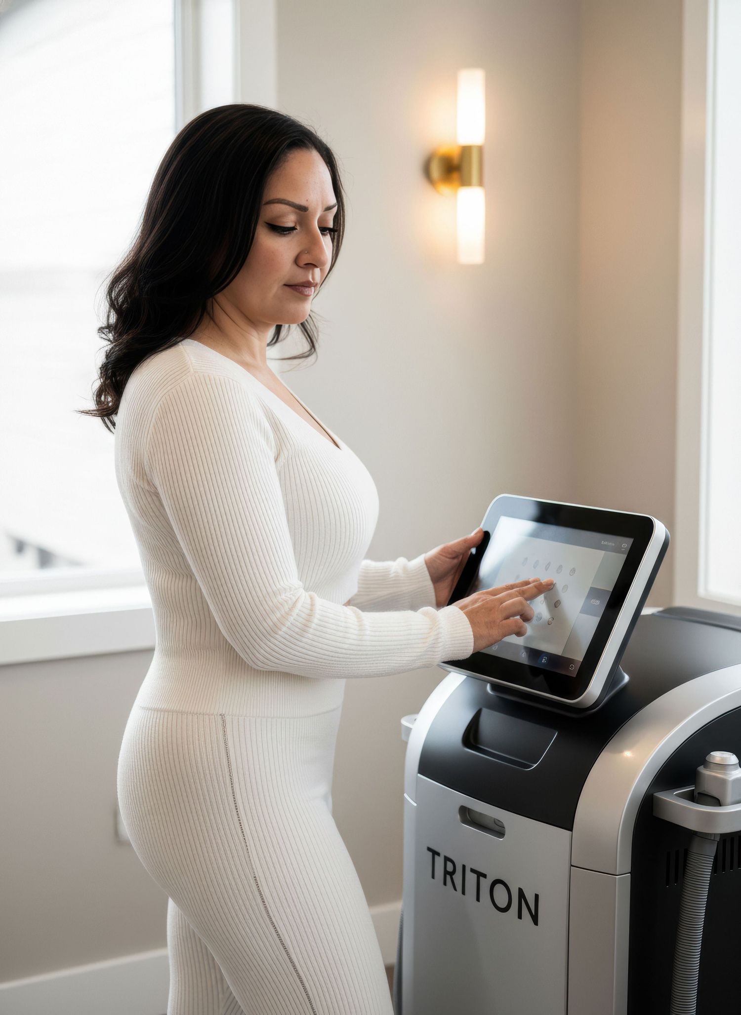 Woman in white ribbed outfit operating Triton laser device touchscreen in medical spa.