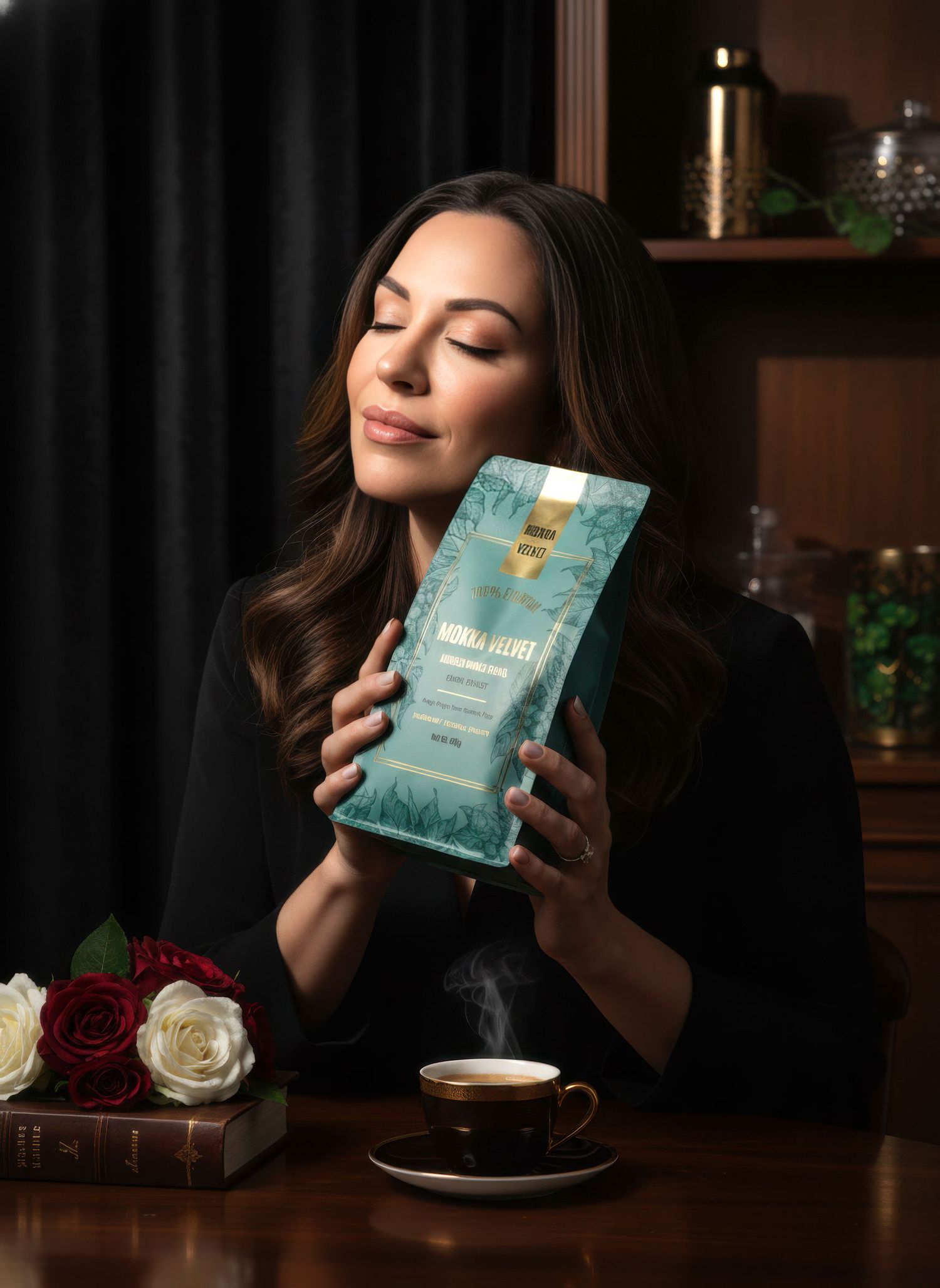 Woman in black outfit holding Mokka Velvet coffee bag with eyes closed near a steaming cup.