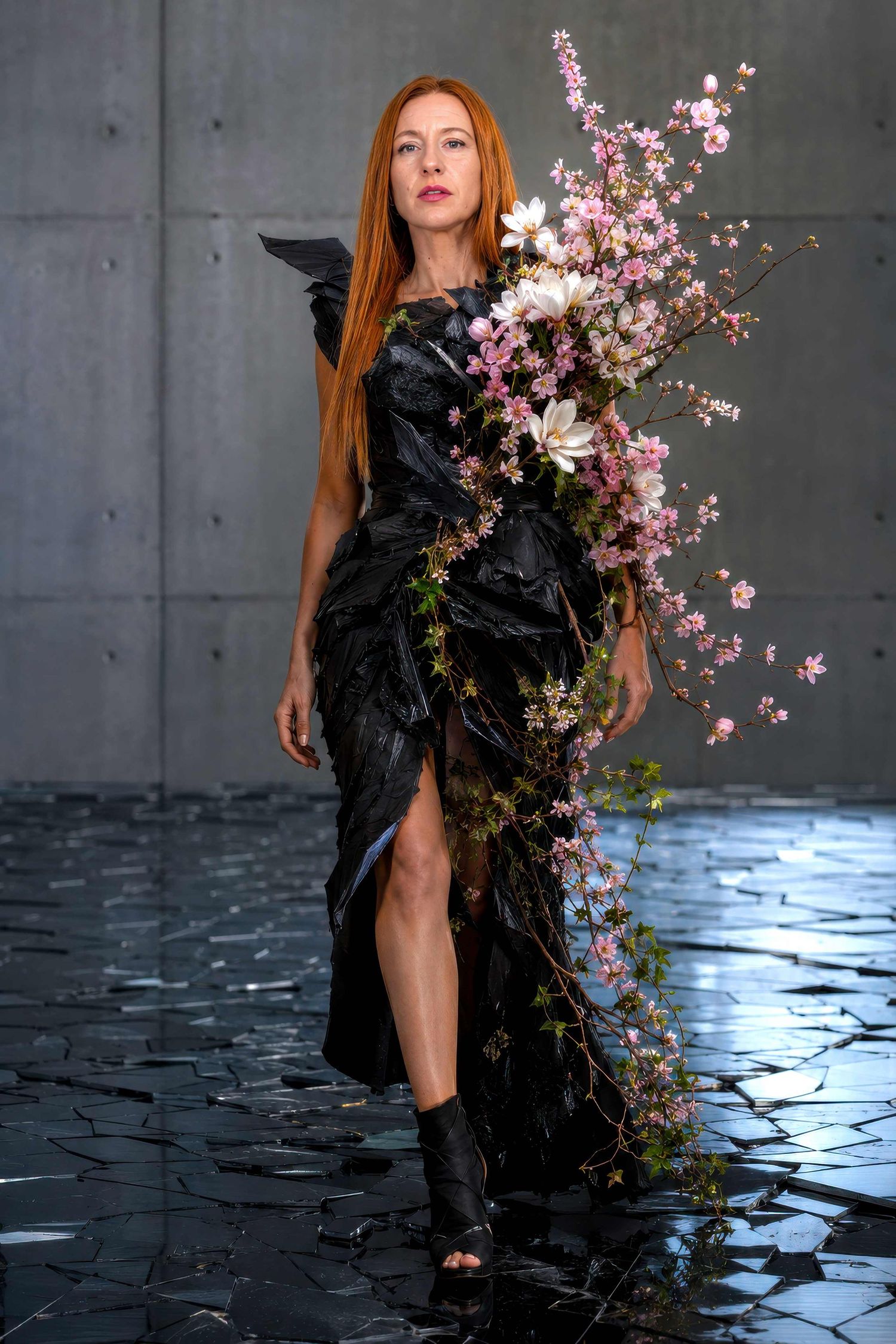 Redhead woman in black floral dress with cherry blossoms on dark background.