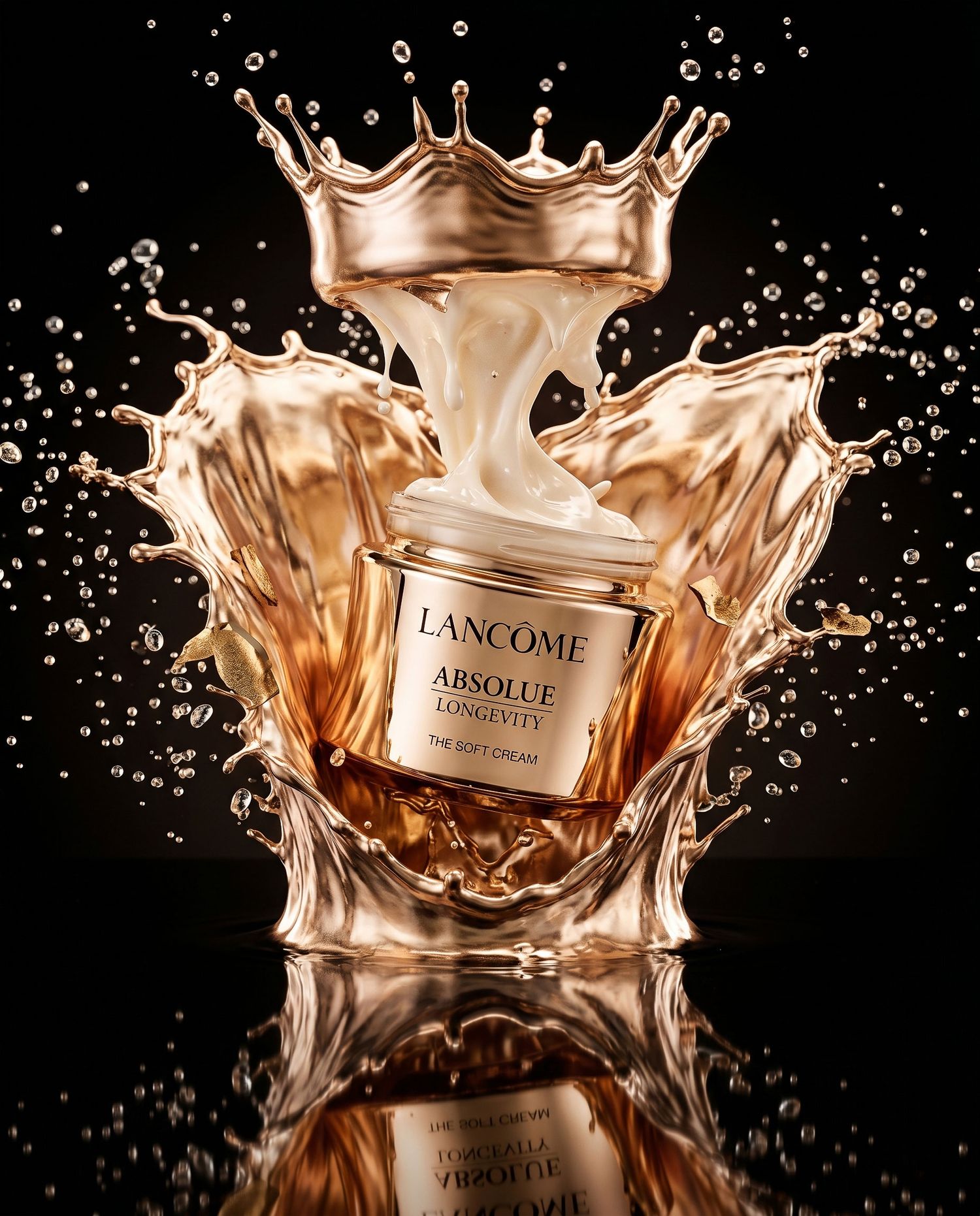 Lancome Absolue Longevity soft cream jar surrounded by golden liquid splash on black background.