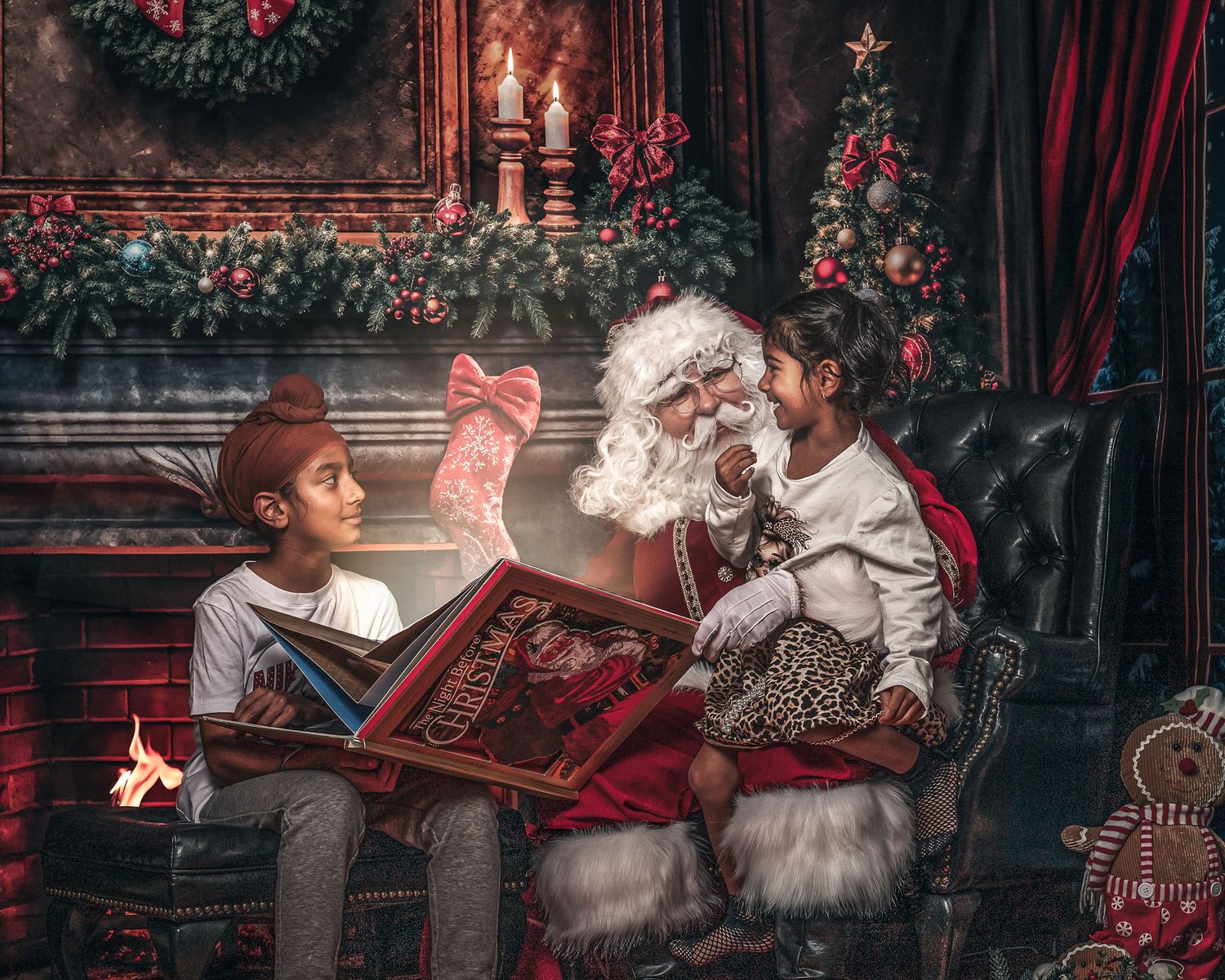 Two children sit with Santa Claus by a decorated fireplace, sharing a magical Christmas storybook moment.