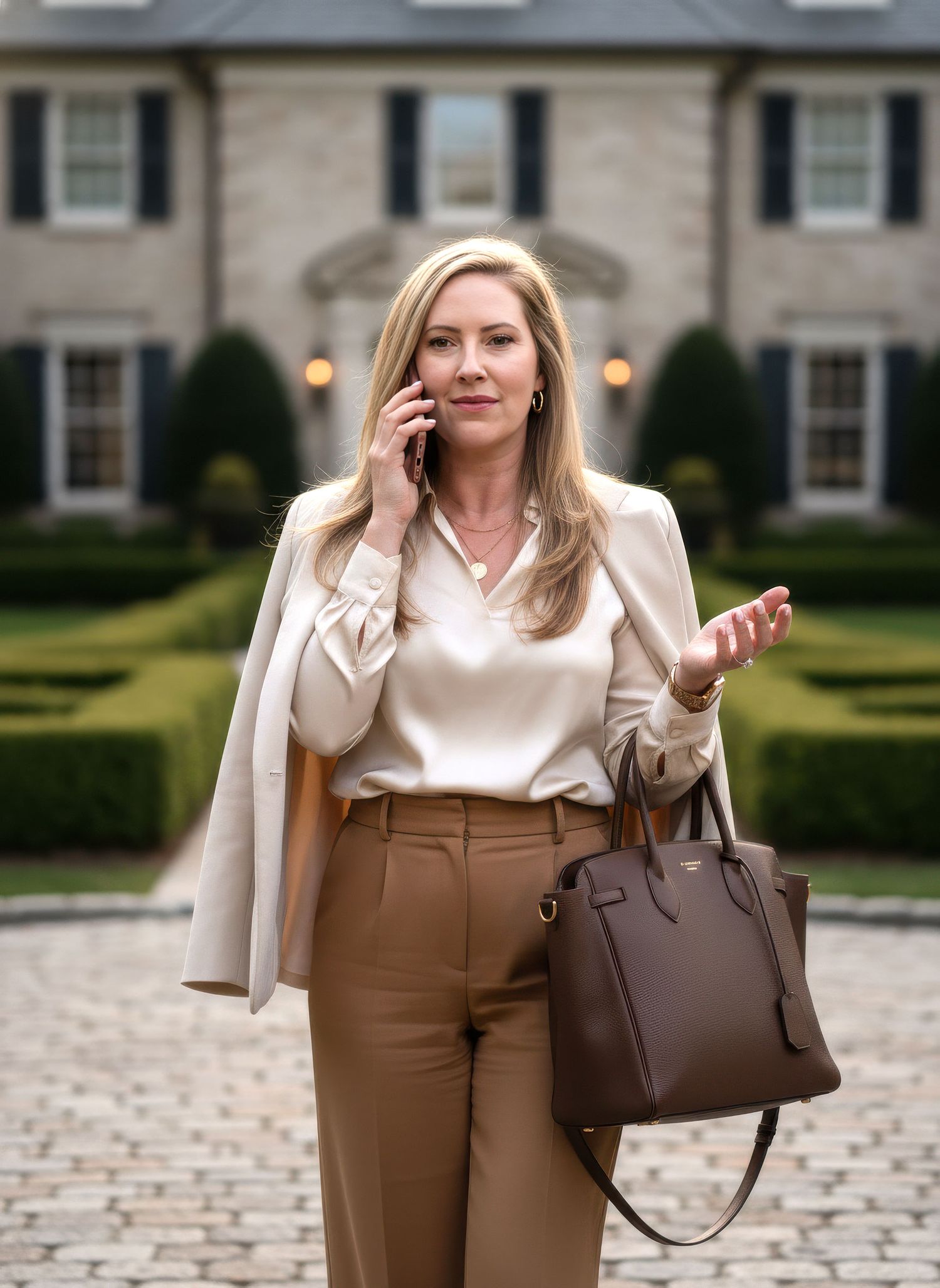 Professional female real estate agent talking on phone outside luxury estate home holding designer handbag.