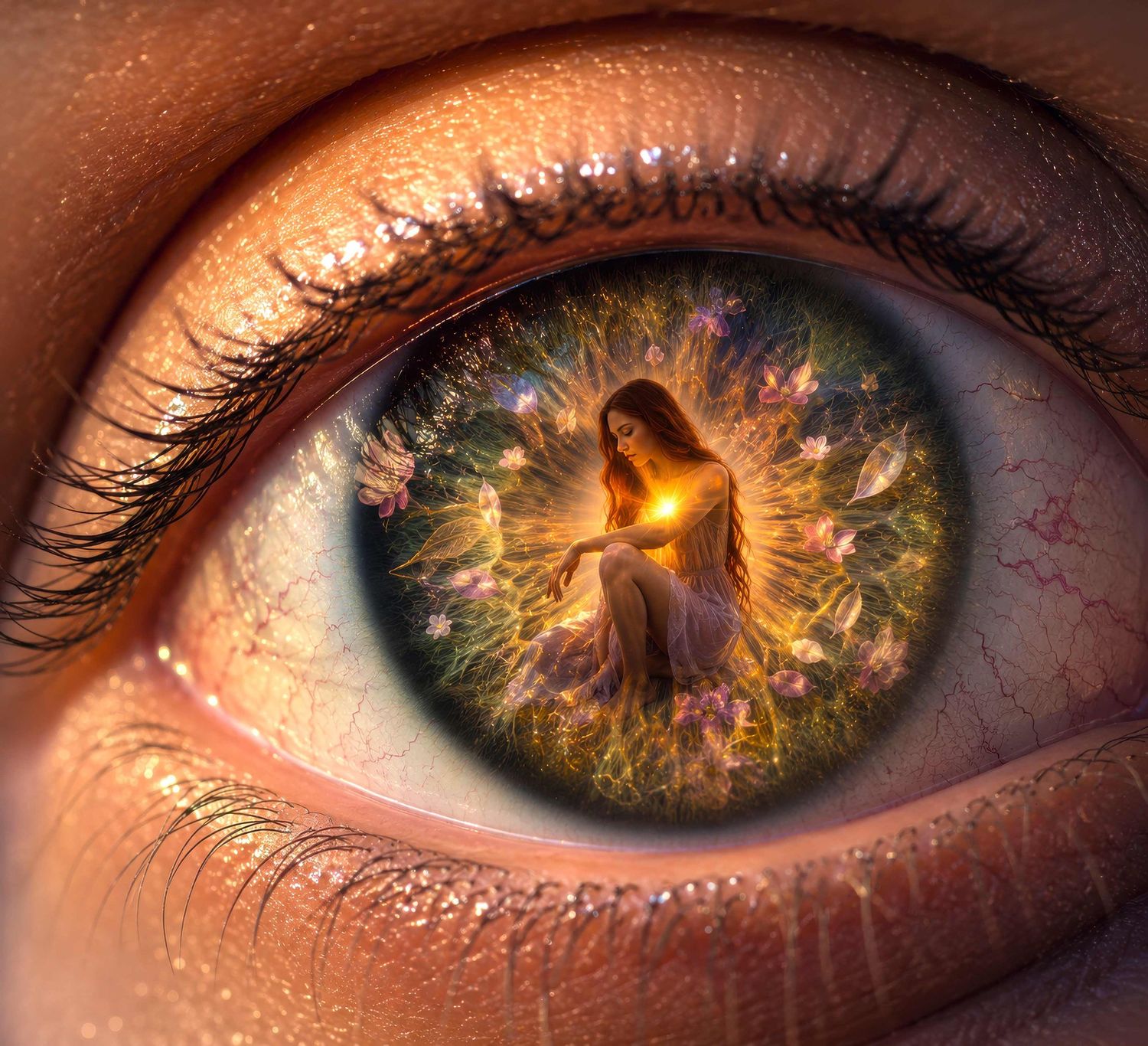 Fantasy woman holding glowing light reflected in a detailed human eye.