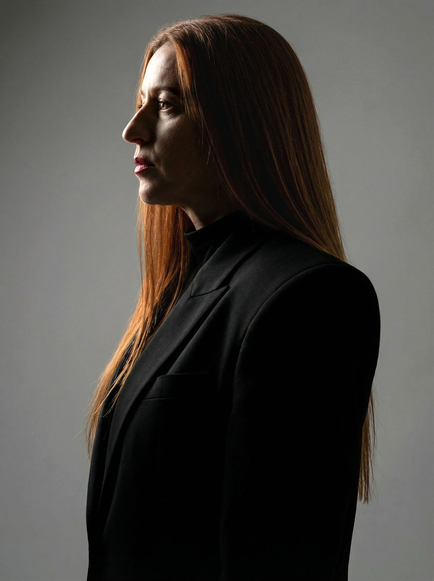 Side profile of woman with long red hair in black blazer, dramatic studio lighting portrait.