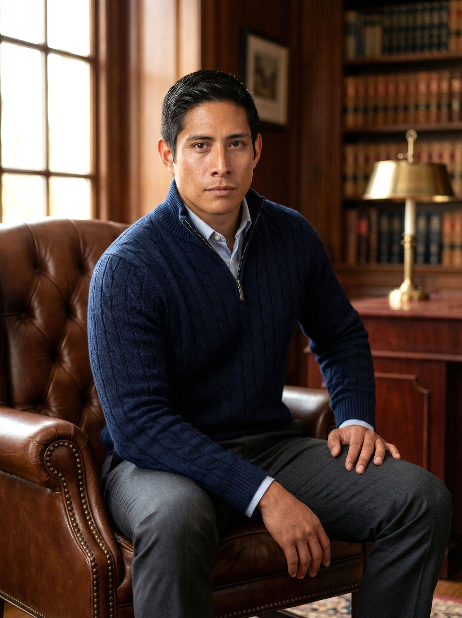 Young man in navy cable-knit sweater seated in leather chair, library background portrait.