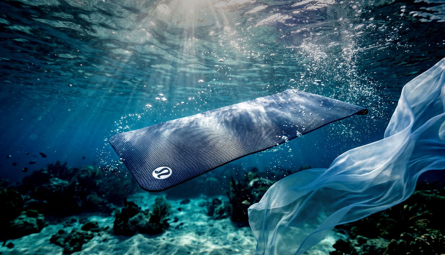 Sleek surfboard floating underwater among coral reefs with flowing white fabric in dramatic blue ocean light.