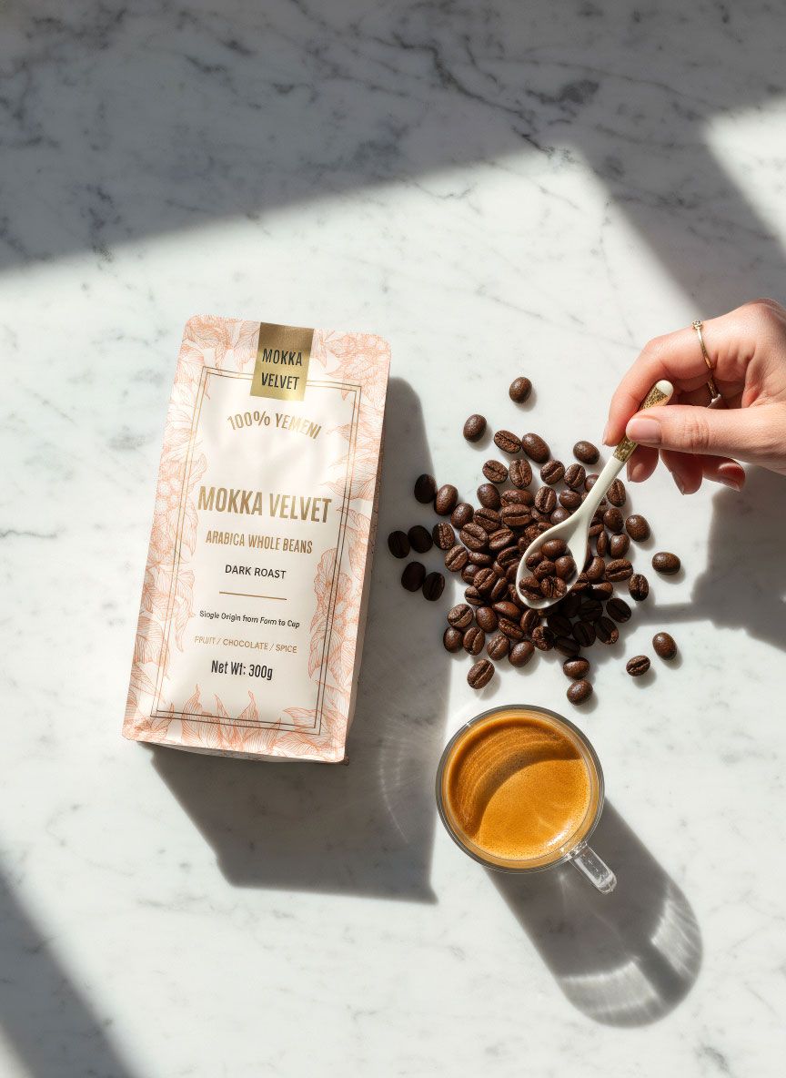 Mokka Velvet dark roast arabica whole bean coffee bag with espresso and spilled beans on marble.