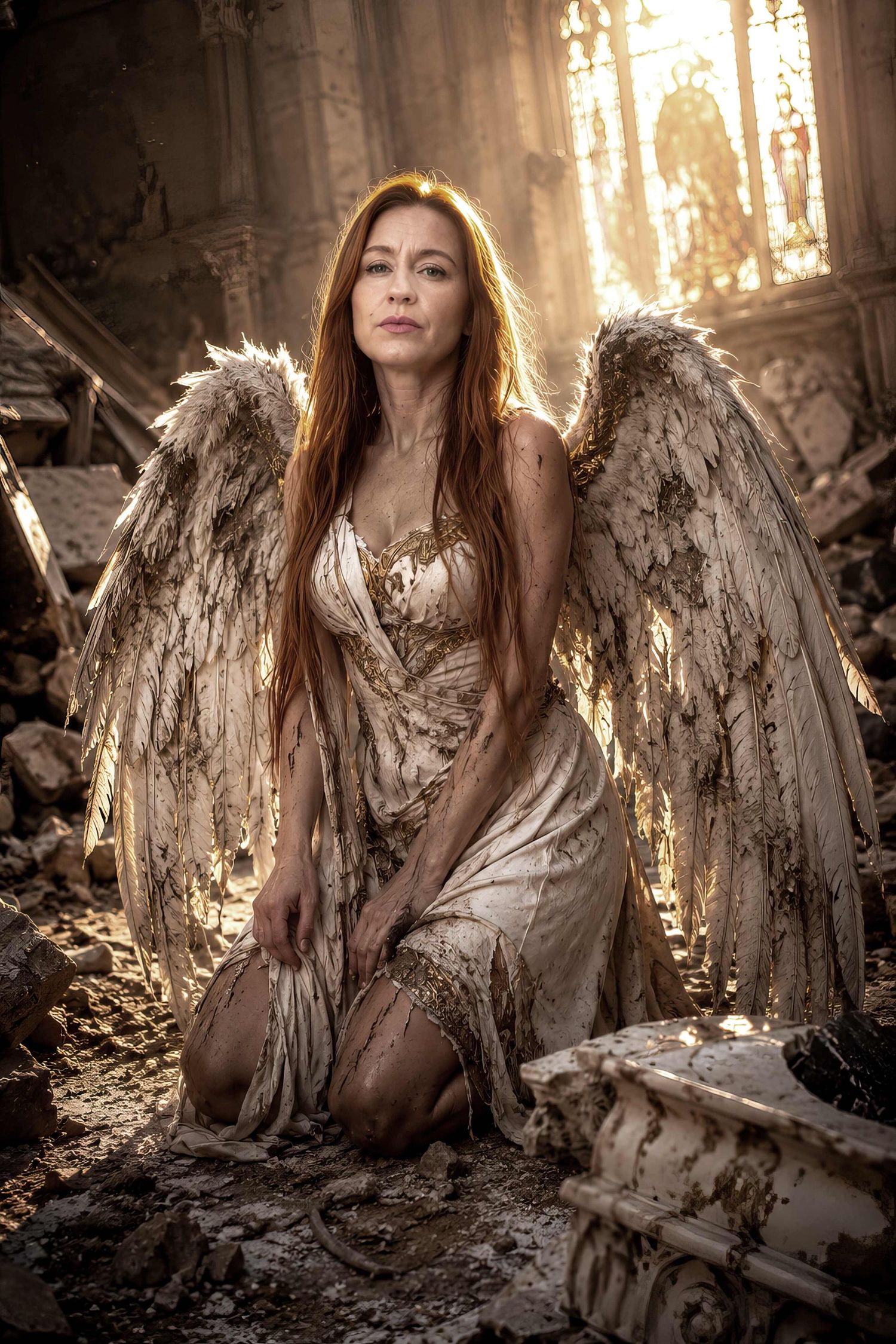 A redhead woman in a tattered white gown with large angel wings kneels in a ruined sunlit cathedral.