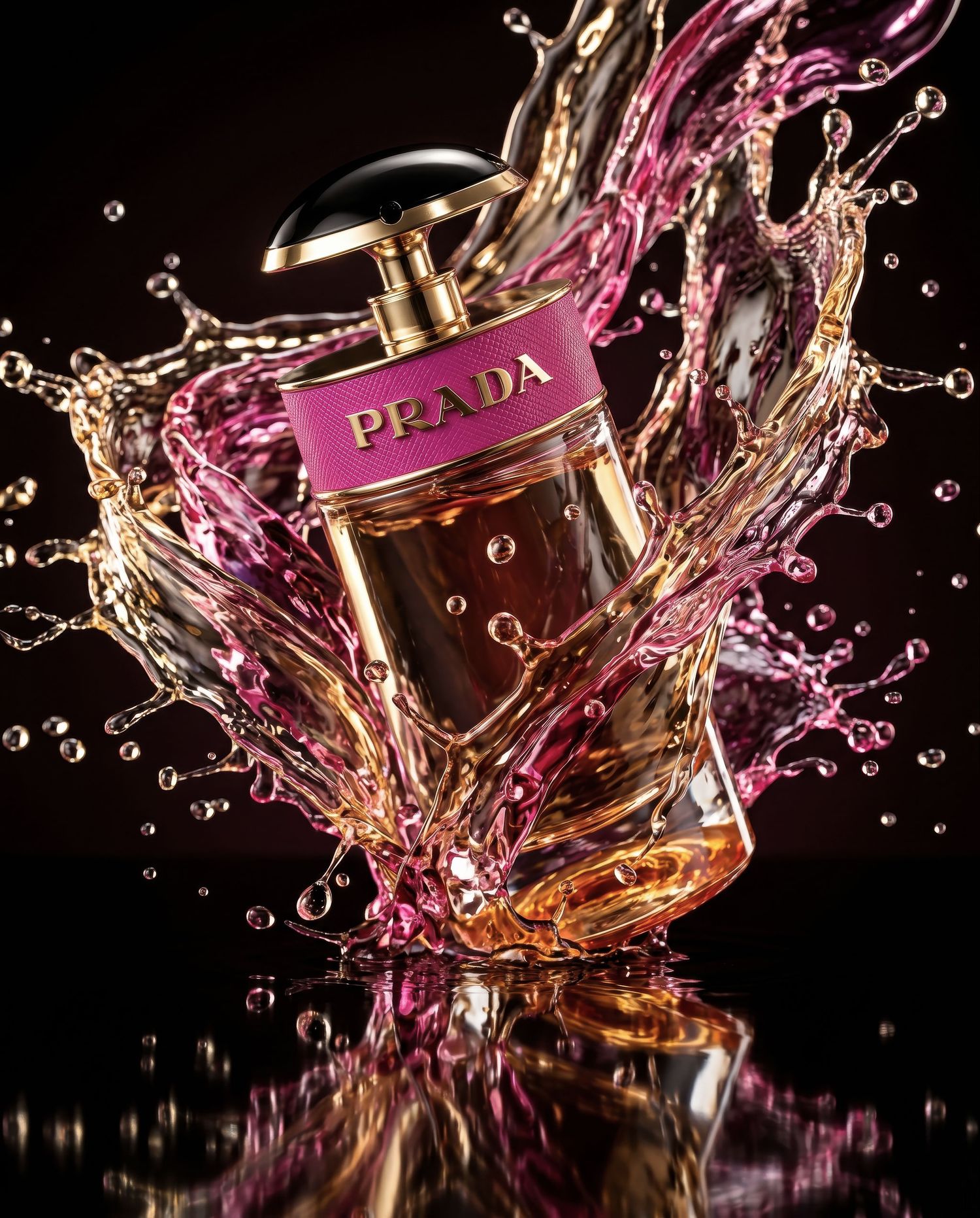 Prada Candy perfume bottle surrounded by swirling pink and amber liquid splash on black surface.