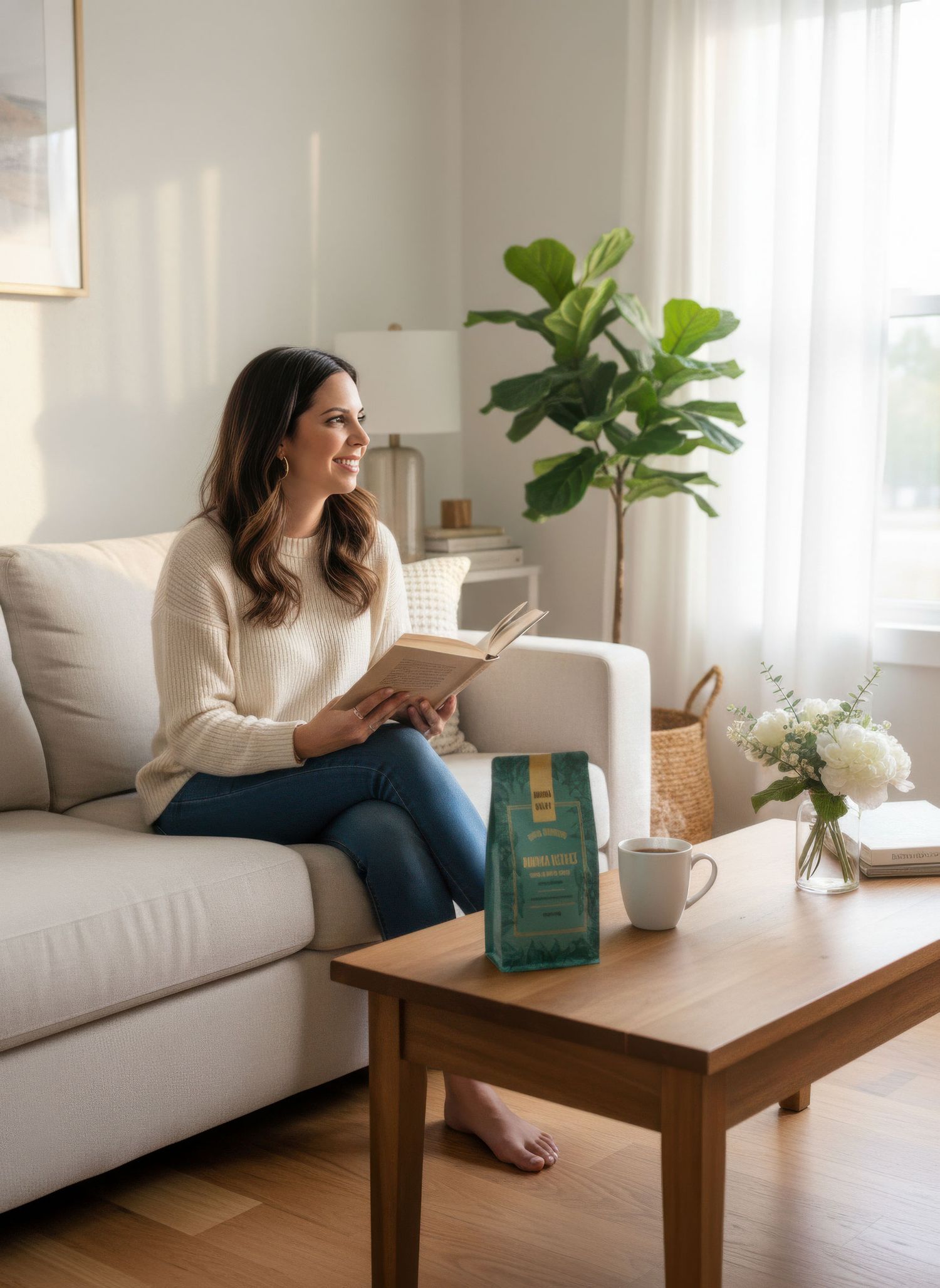 Smiling woman reading book on white sofa with Mokka Velvet coffee bag on table.