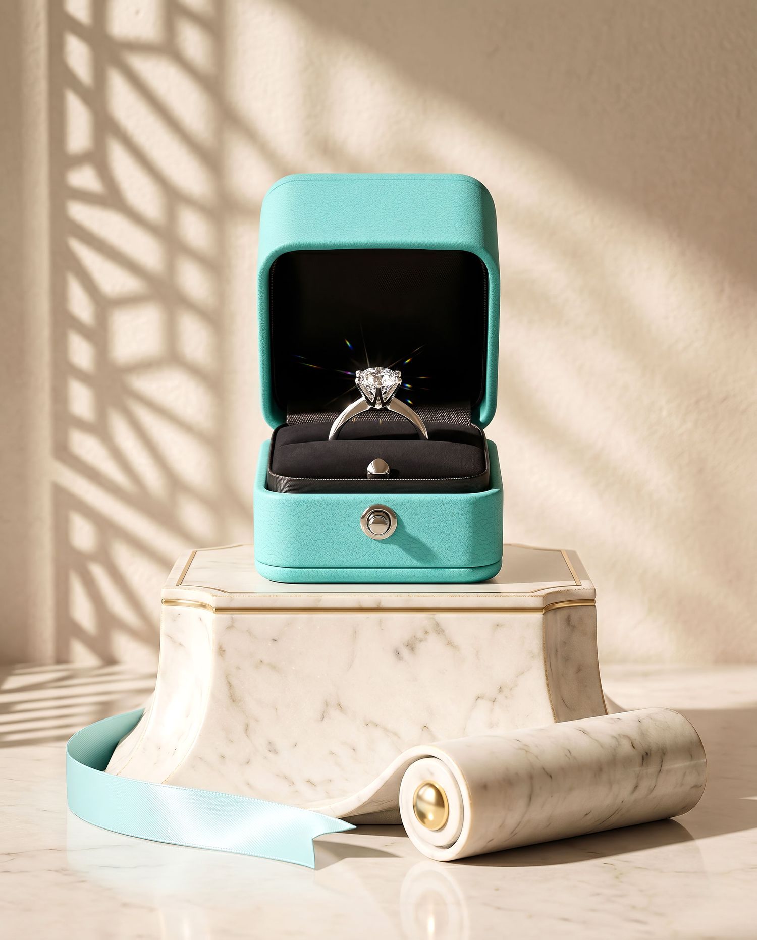 Diamond solitaire engagement ring in teal Tiffany box on marble pedestal in sunlight.