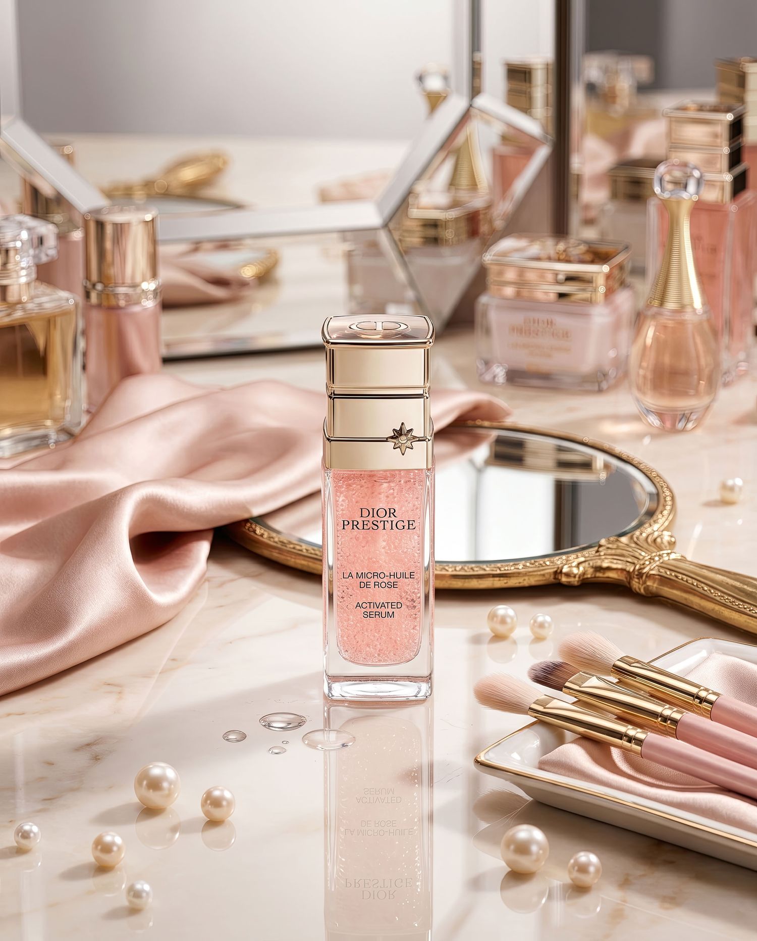 Dior Prestige La Micro-Huile de Rose serum bottle styled with pearls and gold accessories on marble vanity.