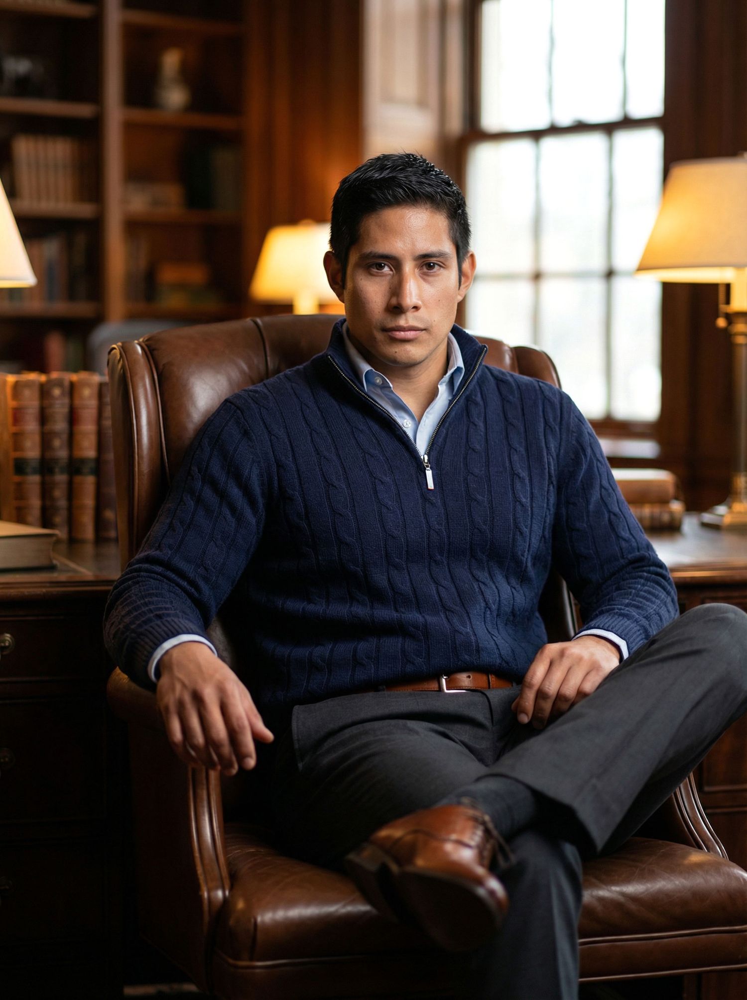 A professional man in a navy cable-knit sweater sits in a leather chair in a warmly lit traditional library office.