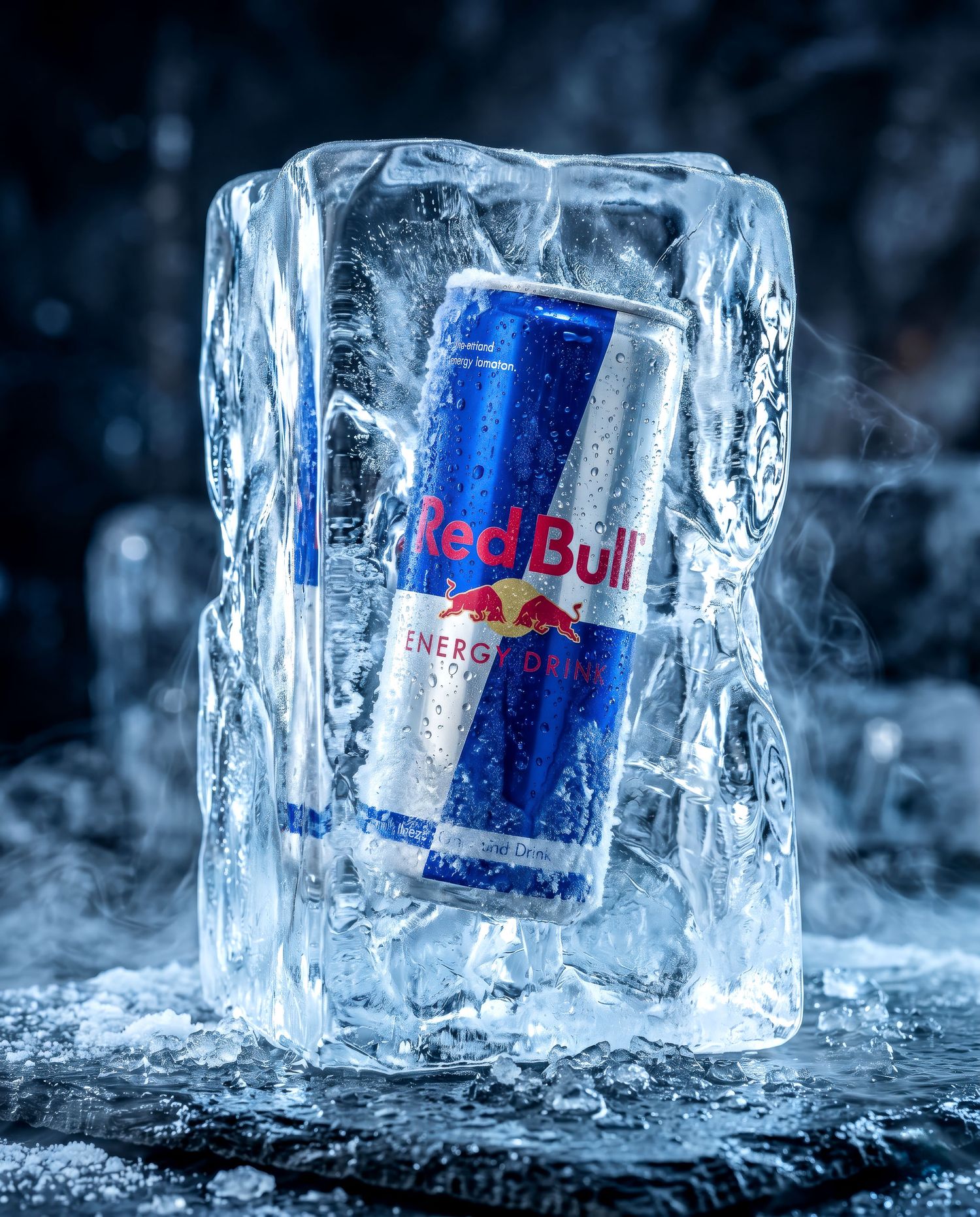 Red Bull energy drink can embedded in a block of ice with dramatic lighting.