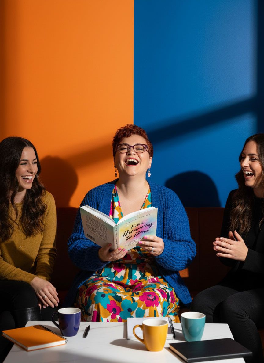 Three women laughing together while reading From Dreaming to Done book in colorful room.