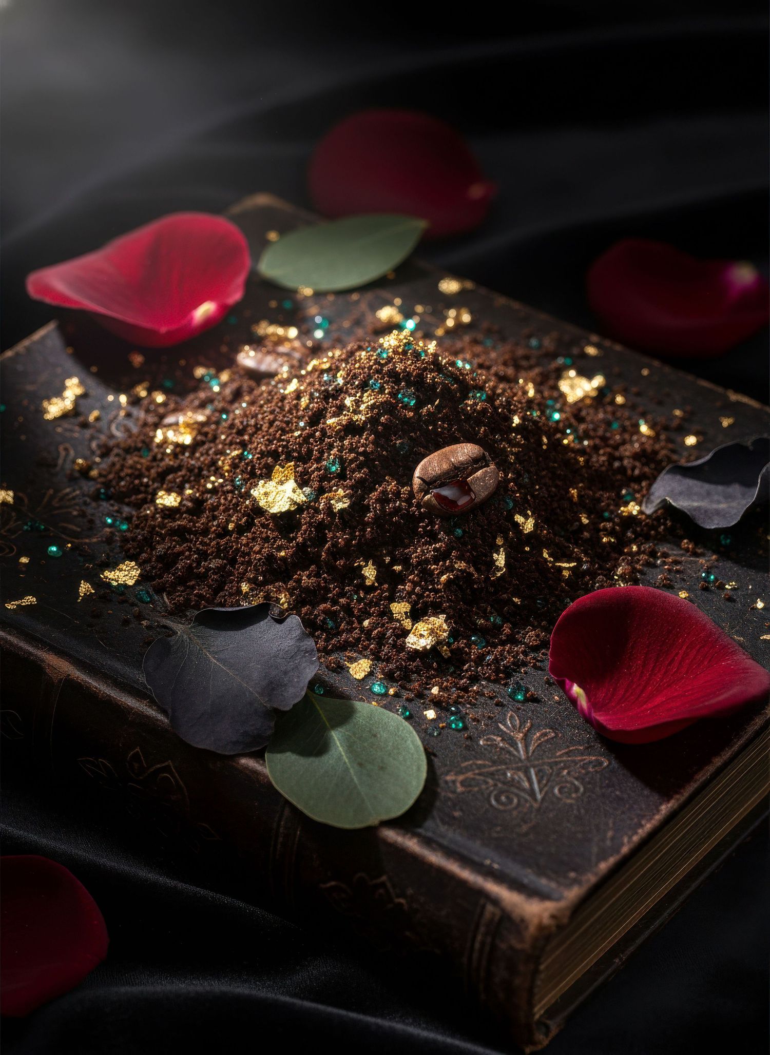 Ground coffee with gold flakes and coffee bean on vintage book with rose petals.