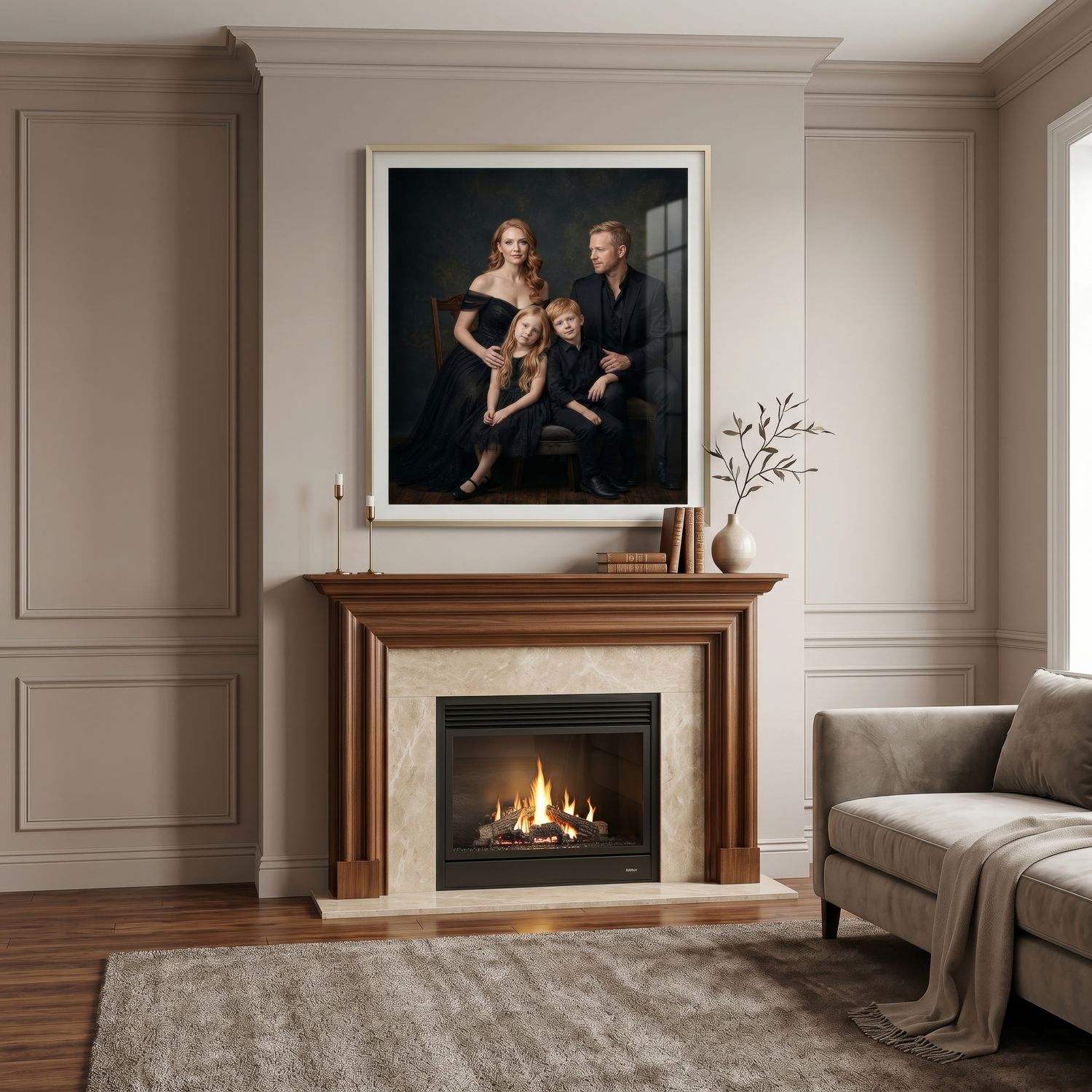 A large framed family portrait hanging above a lit fireplace in a sophisticated cream-paneled living room.