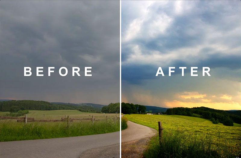 Before and after photo editing comparison showing enhanced green landscape with dramatic cloudy sky transformation.