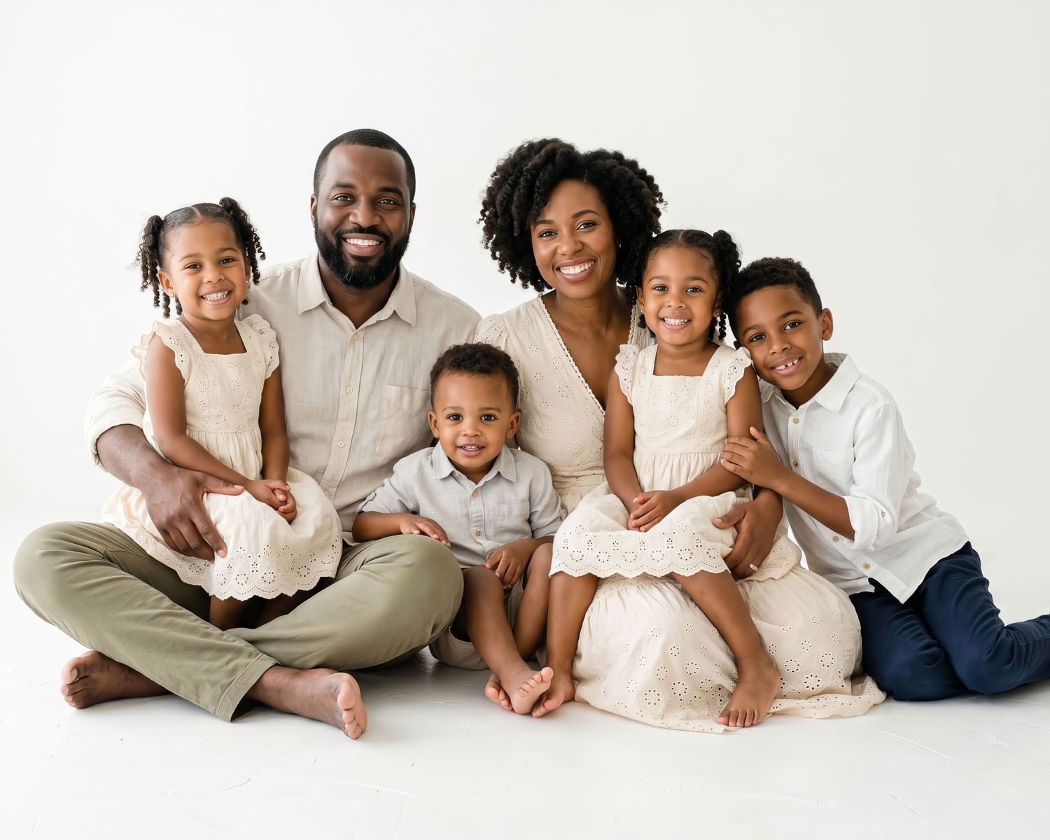 Joyful Black family of six poses together in white outfits for a bright studio portrait. an Ottawa studio Family portrait.