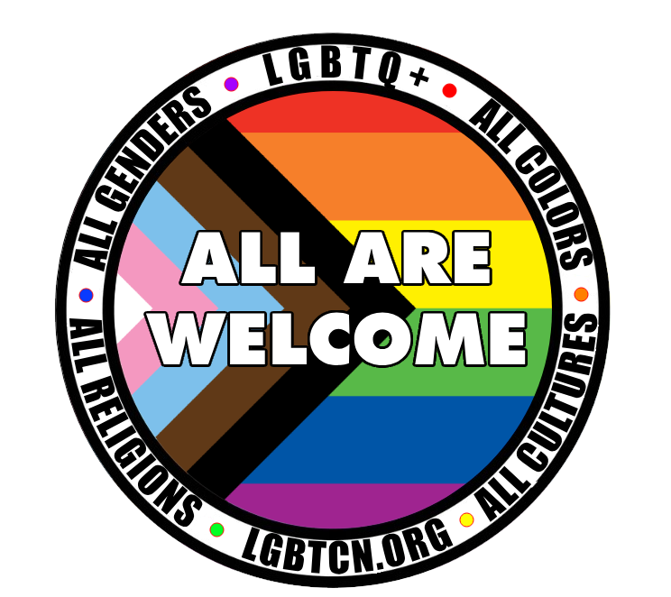 Four oval stickers featuring LGBTQ+ pride flags combined with text saying 'All Are Welcome' in different designs and colors.