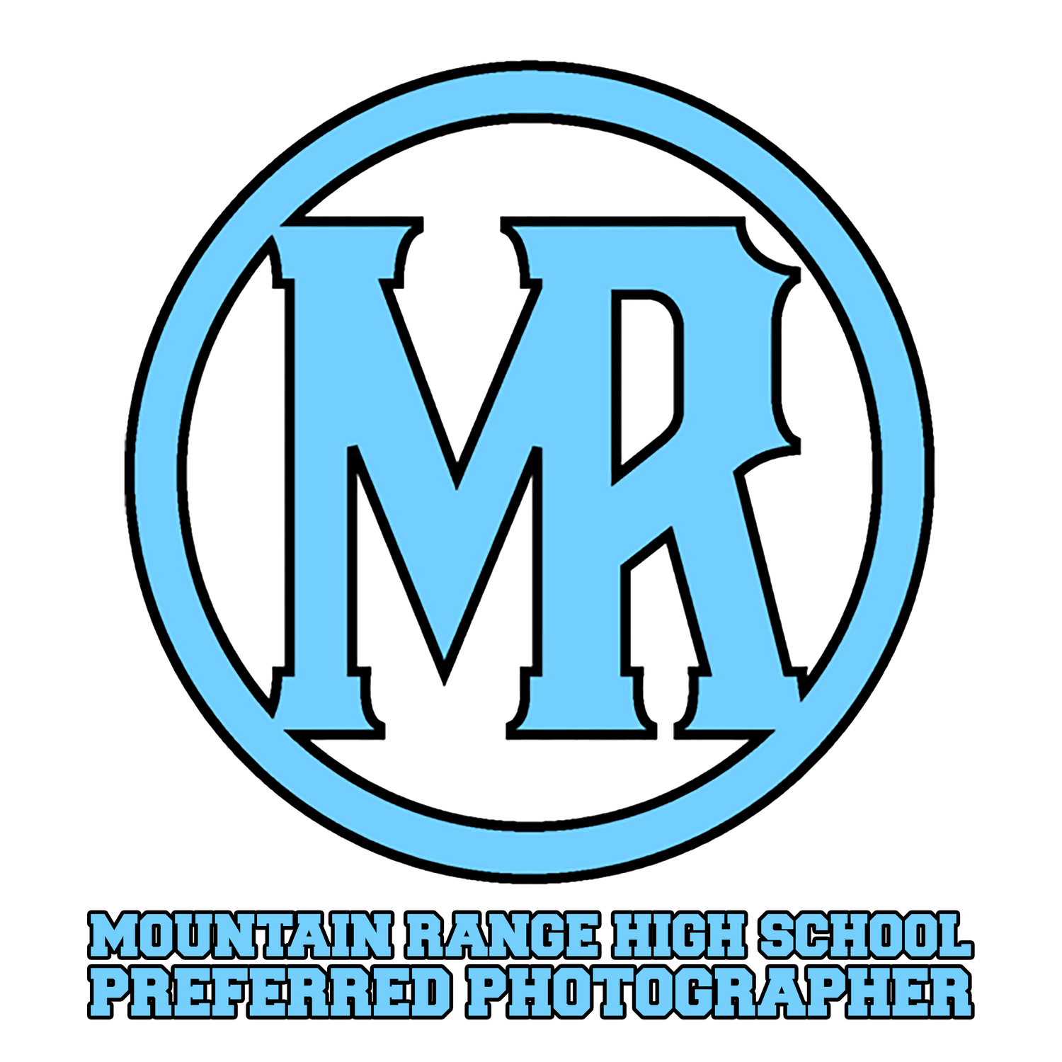 Light blue circular logo design for Mountain Range High School Preferred Photographer with MR monogram in center.