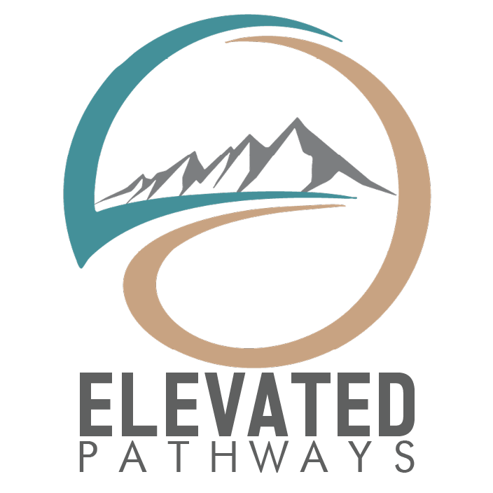 Collection of teal and tan business logo variations with mountain peak designs and text reading Elevated Pathways.