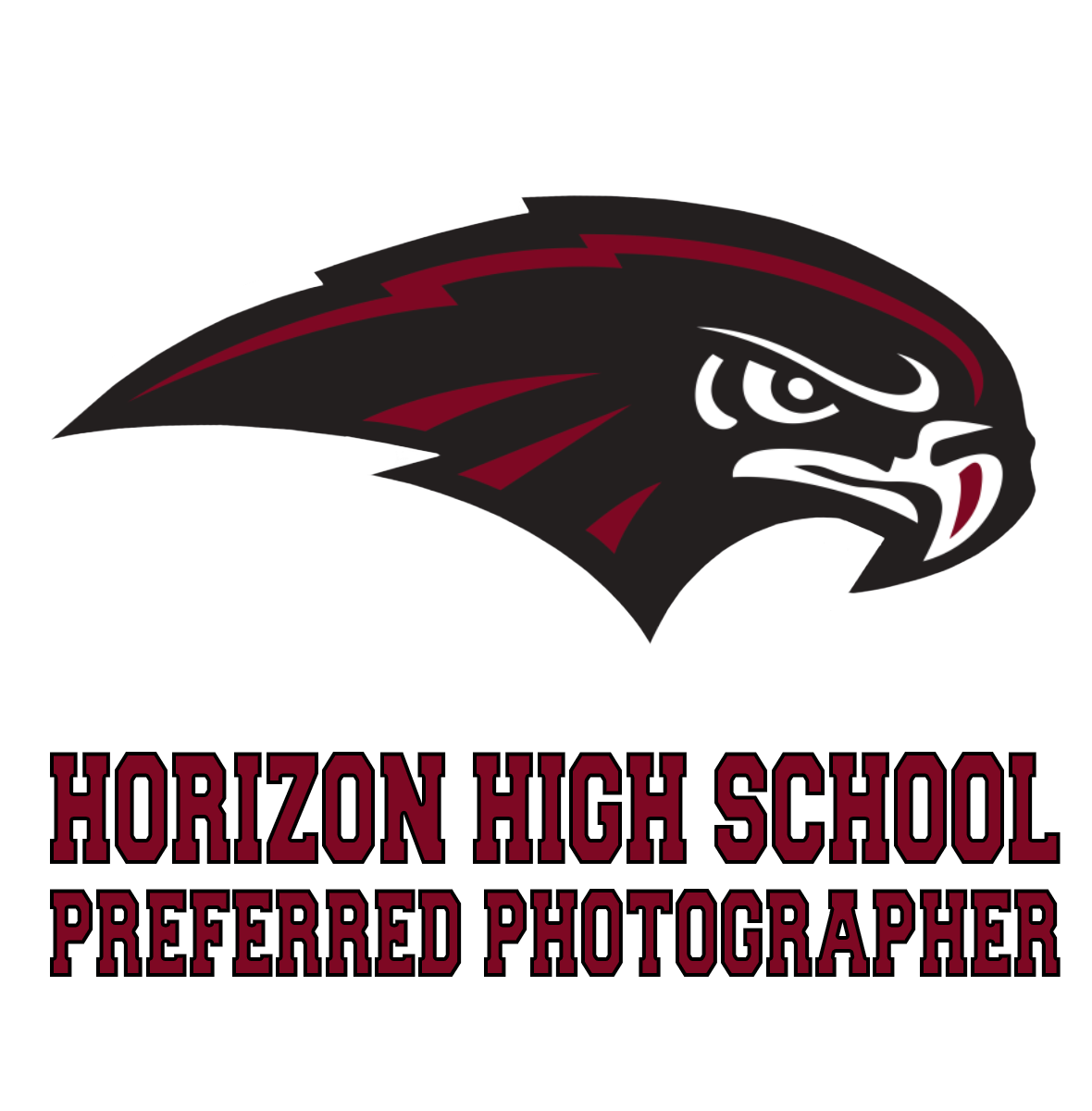 Red and black logo designs for Horizon High School featuring a hawk mascot and preferred photographer branding.