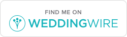 A wedding professional's profile icon with 'Find Me On WeddingWire' text and blue logo design.
