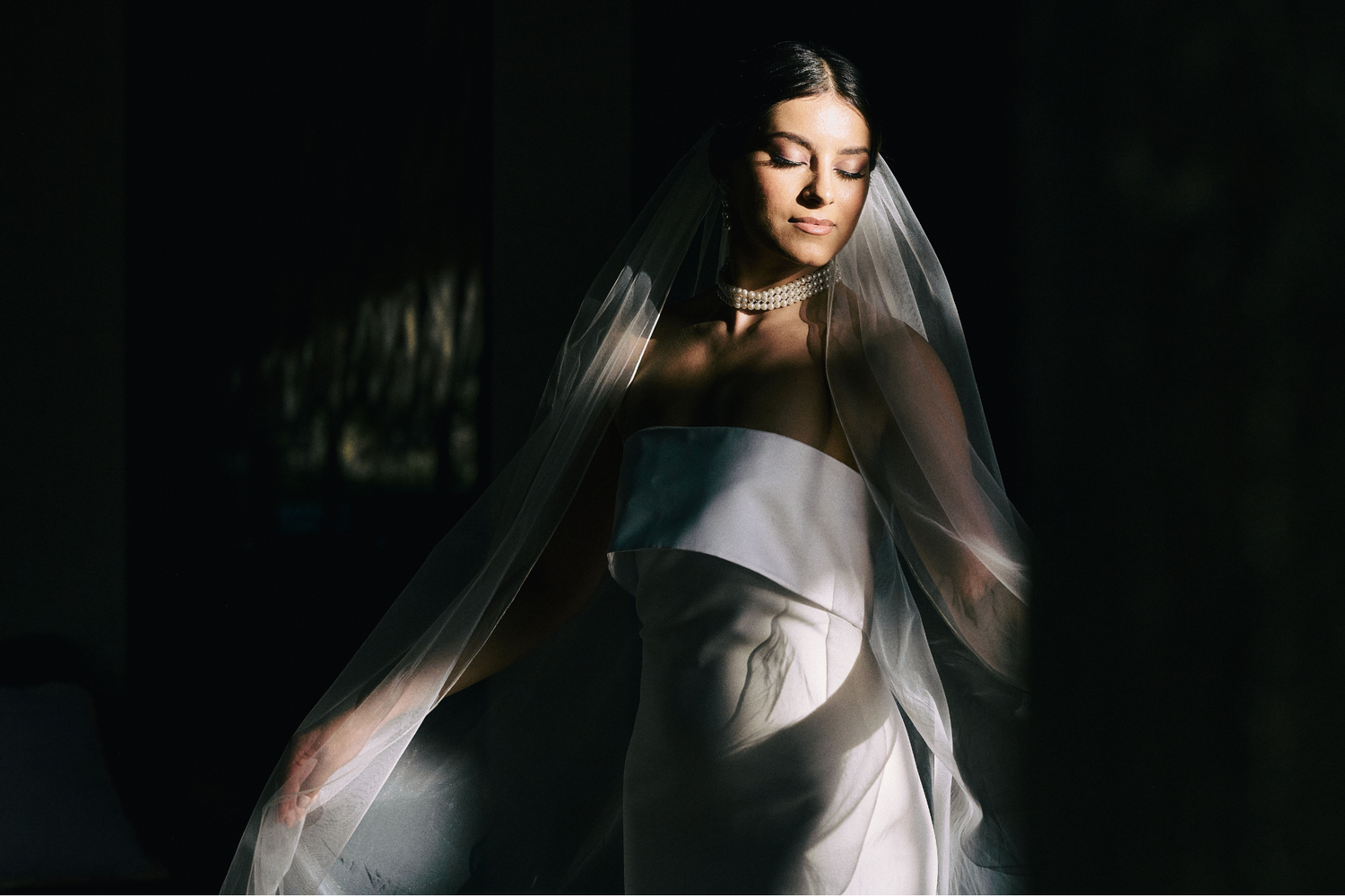 A dramatic bridal portrait in black and white with soft lighting highlighting the flowing white wedding dress.