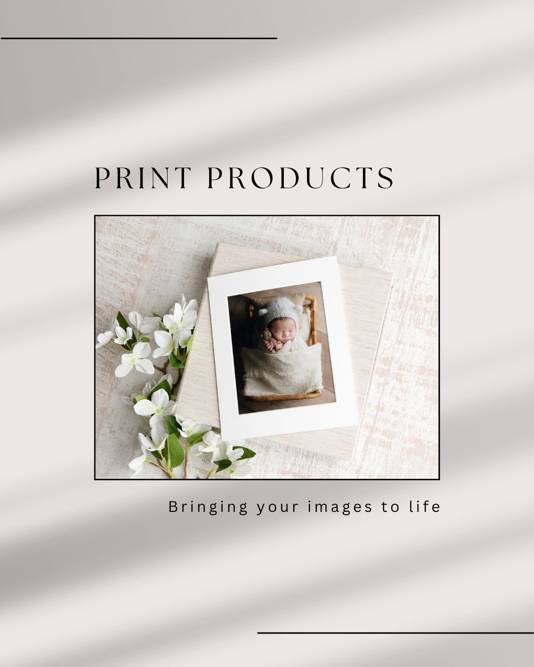 Print products banner featuring white flowers and photographs with soft window lighting. professional prints.  Located in Palm Desert, Ca.