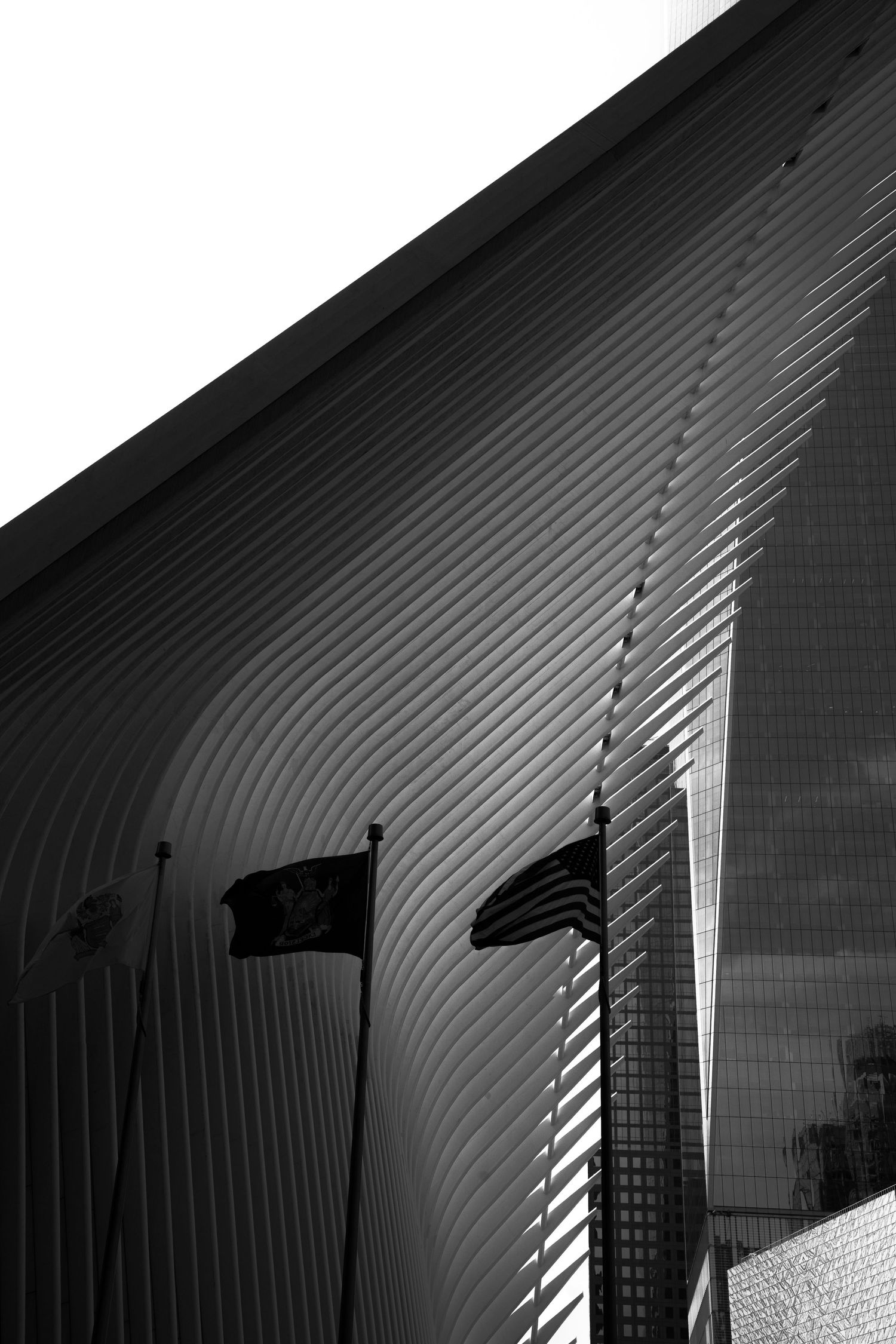 Black and white architectural photo of the Oculus WTC with American flags and reflective glass building.