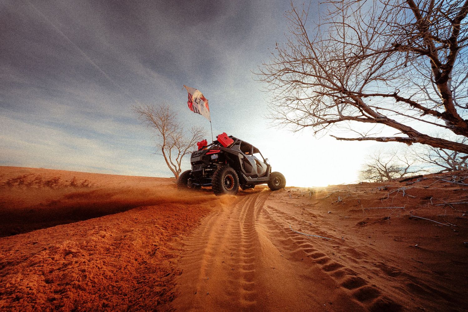A black dune buggy races across red sand dunes at sunset with a flag, beside bare trees under dramatic cloudy skies.