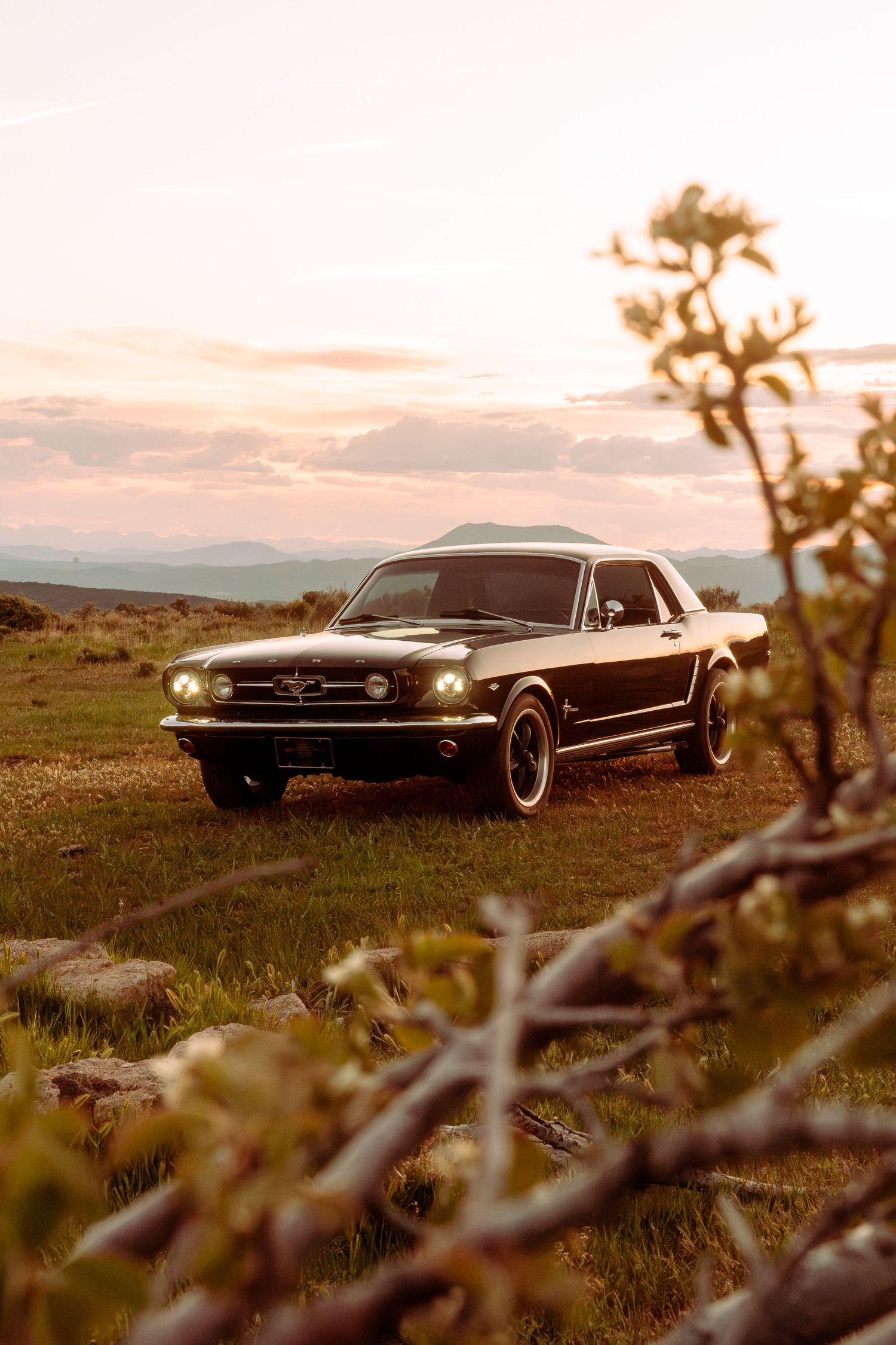 Vintage black Ford Mustang parked on a grassy hill at sunset with mountains in the background.