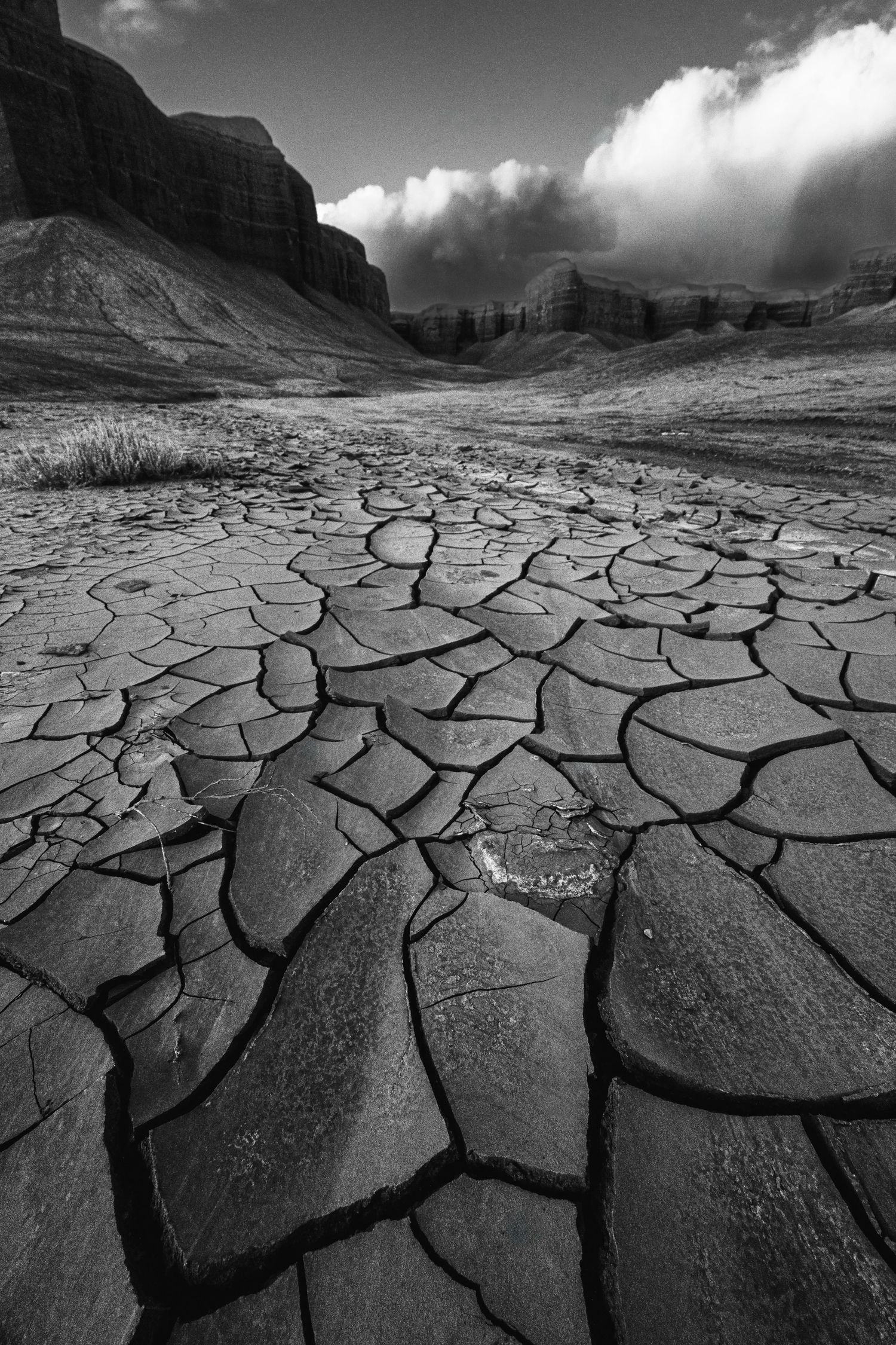 Black and white landscape of cracked dry desert earth with dramatic canyon cliffs and storm clouds.