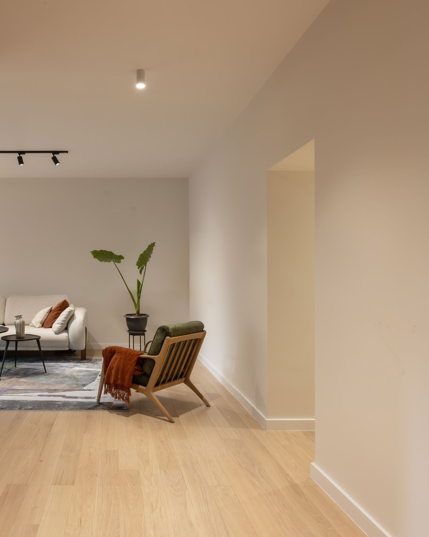 Empty basement room with white walls, light hardwood flooring, and recessed lighting in a modern minimalist style.