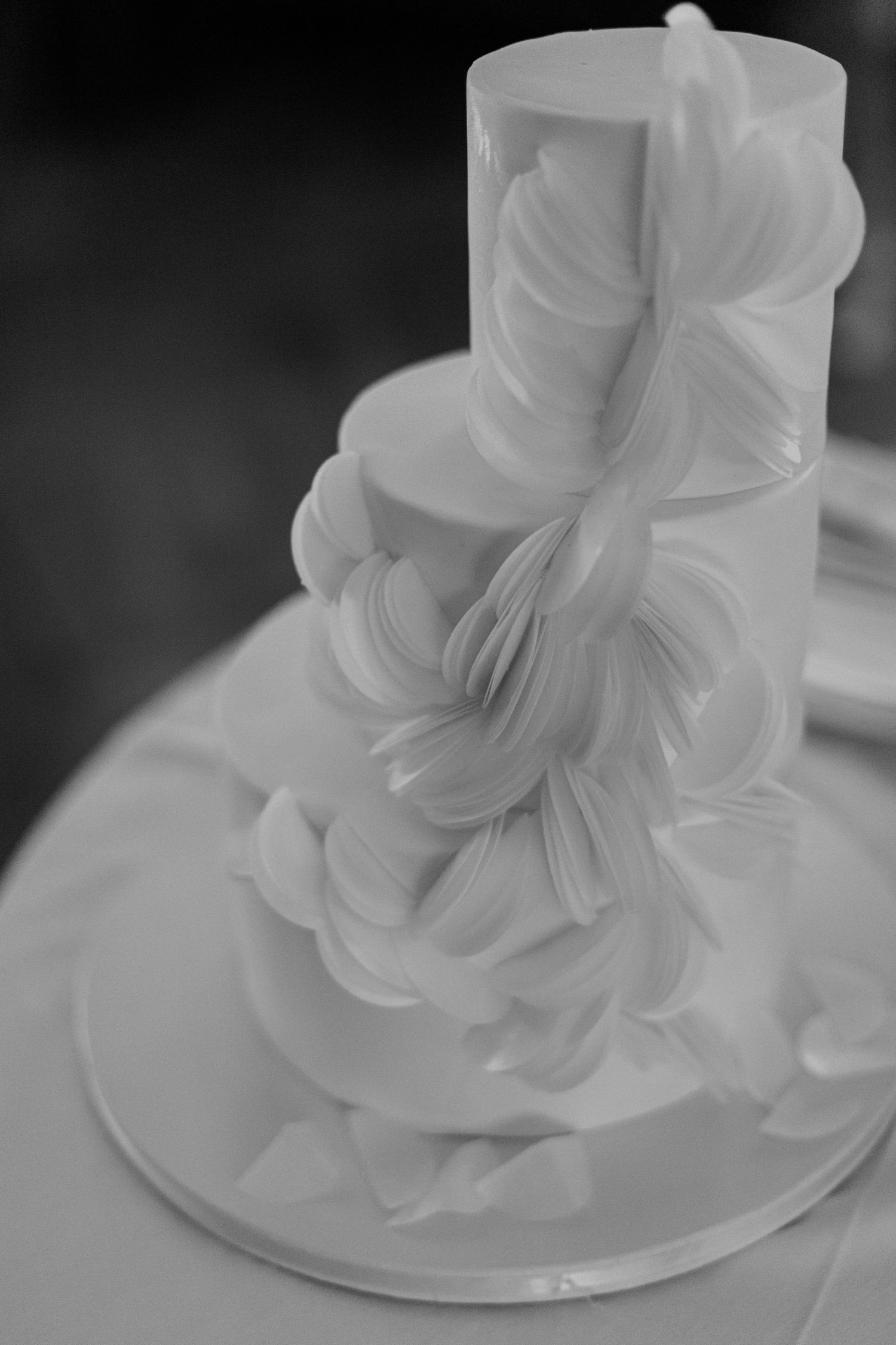 Black and white close-up of an elegant white wedding cake with delicate feather-like frosting details.