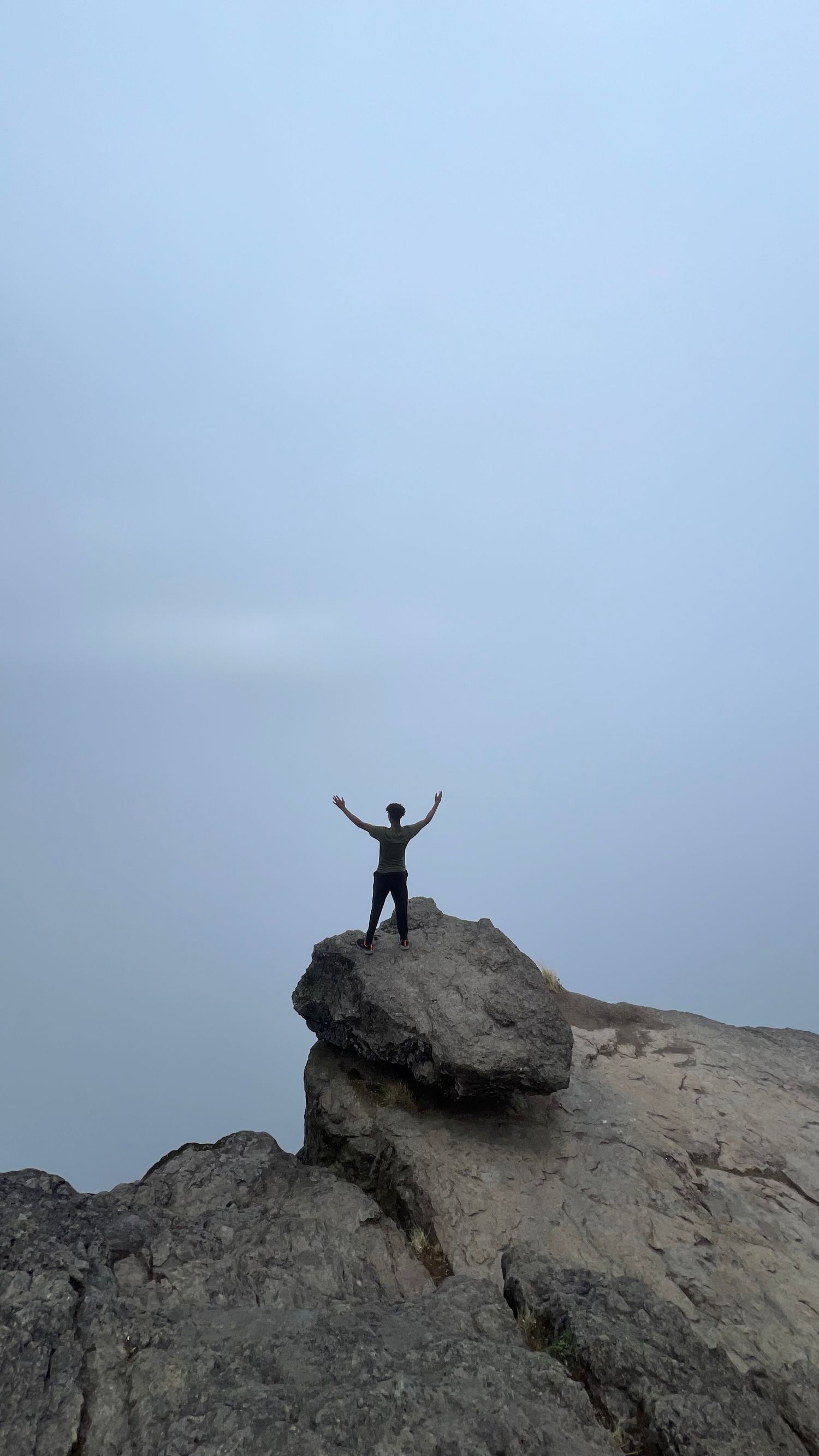 A silhouetted figure stands triumphantly on a rocky mountain peak against a misty gray sky.