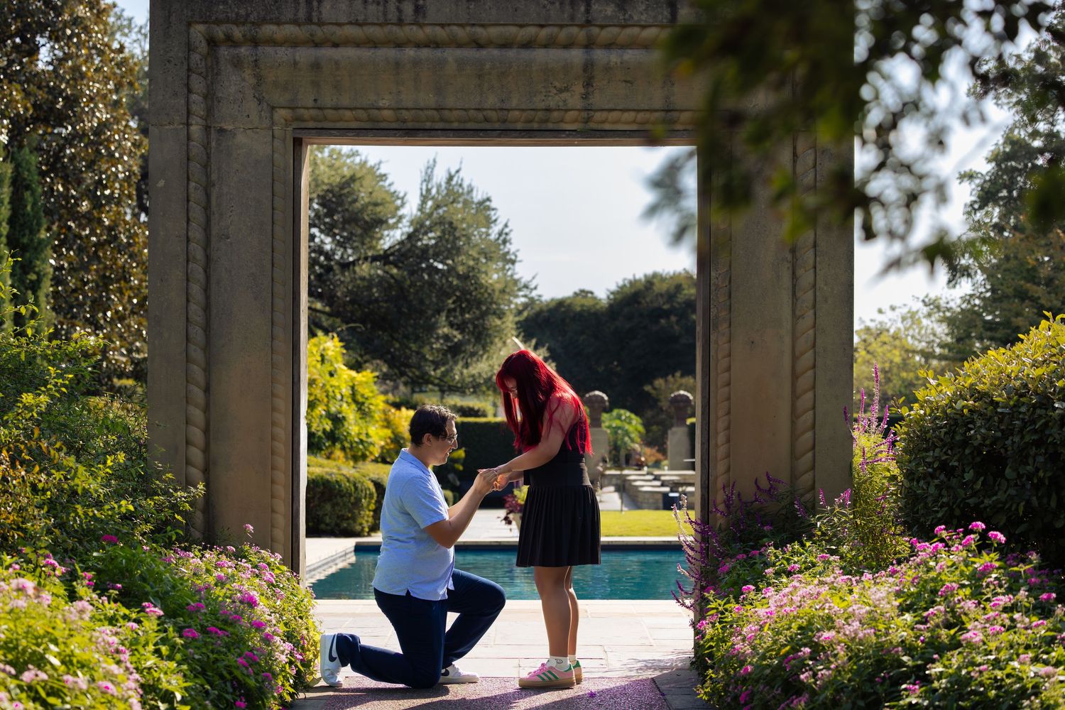 Romantic proposal scene under architectural structure surrounded by blooming gardens. engagement photoshoot at Dallas arboretum