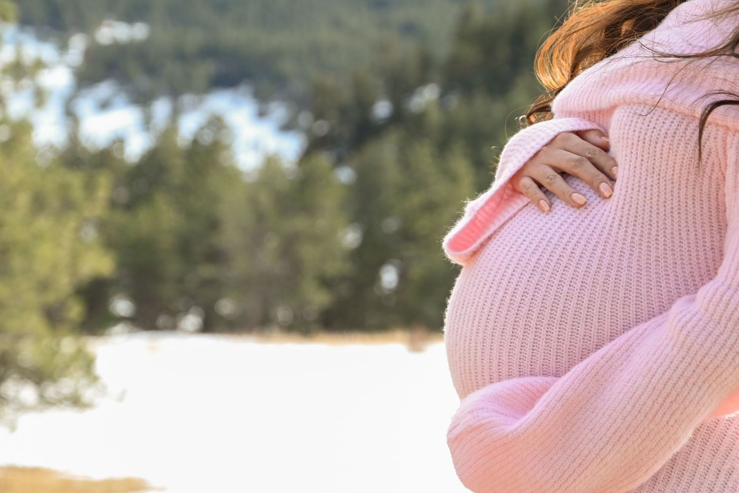 A pregnant belly is gently held in a pink sweater against a snowy winter landscape background.