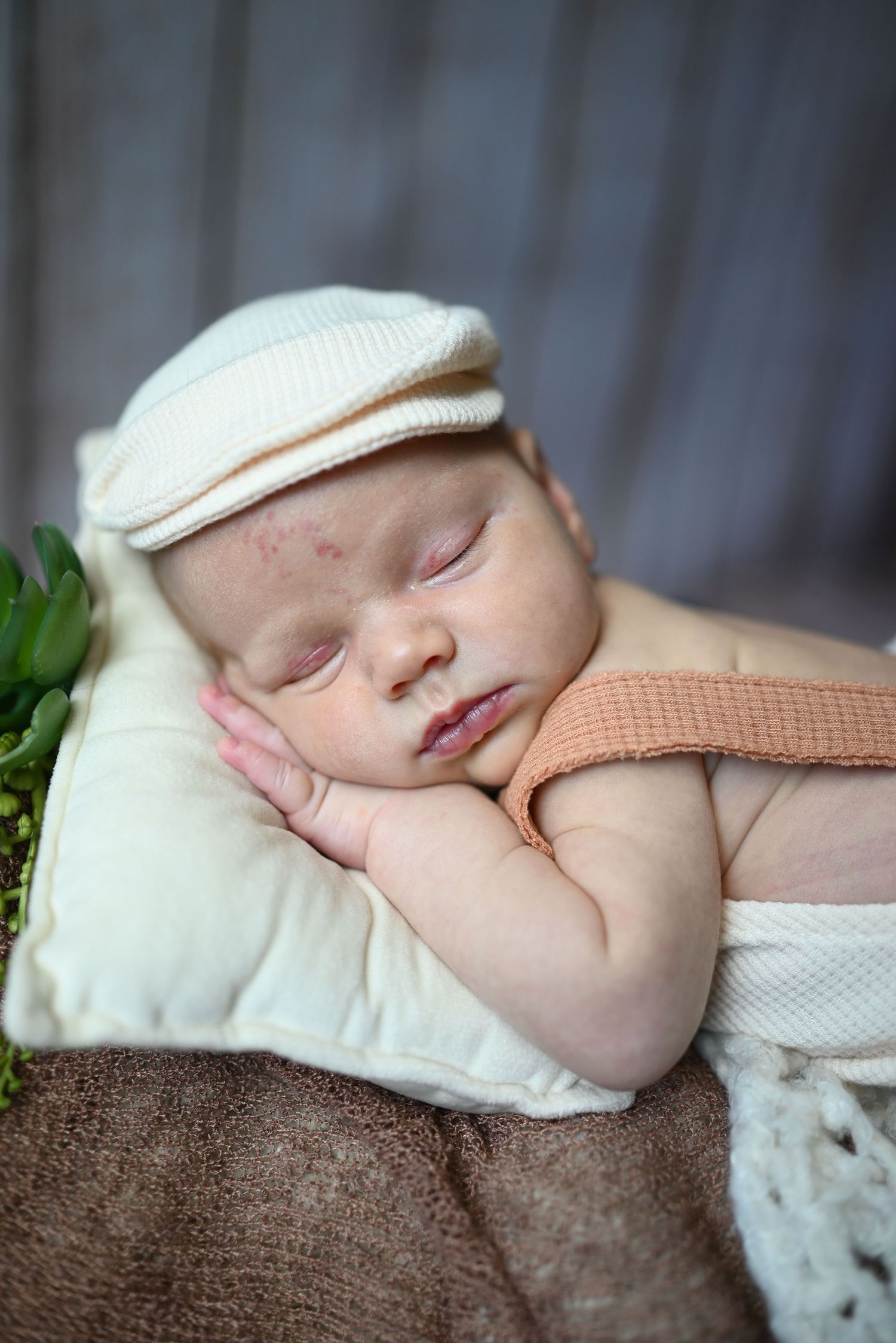 A sleeping baby wearing a white newsboy cap rests peacefully on a brown pillow with greenery in the background.