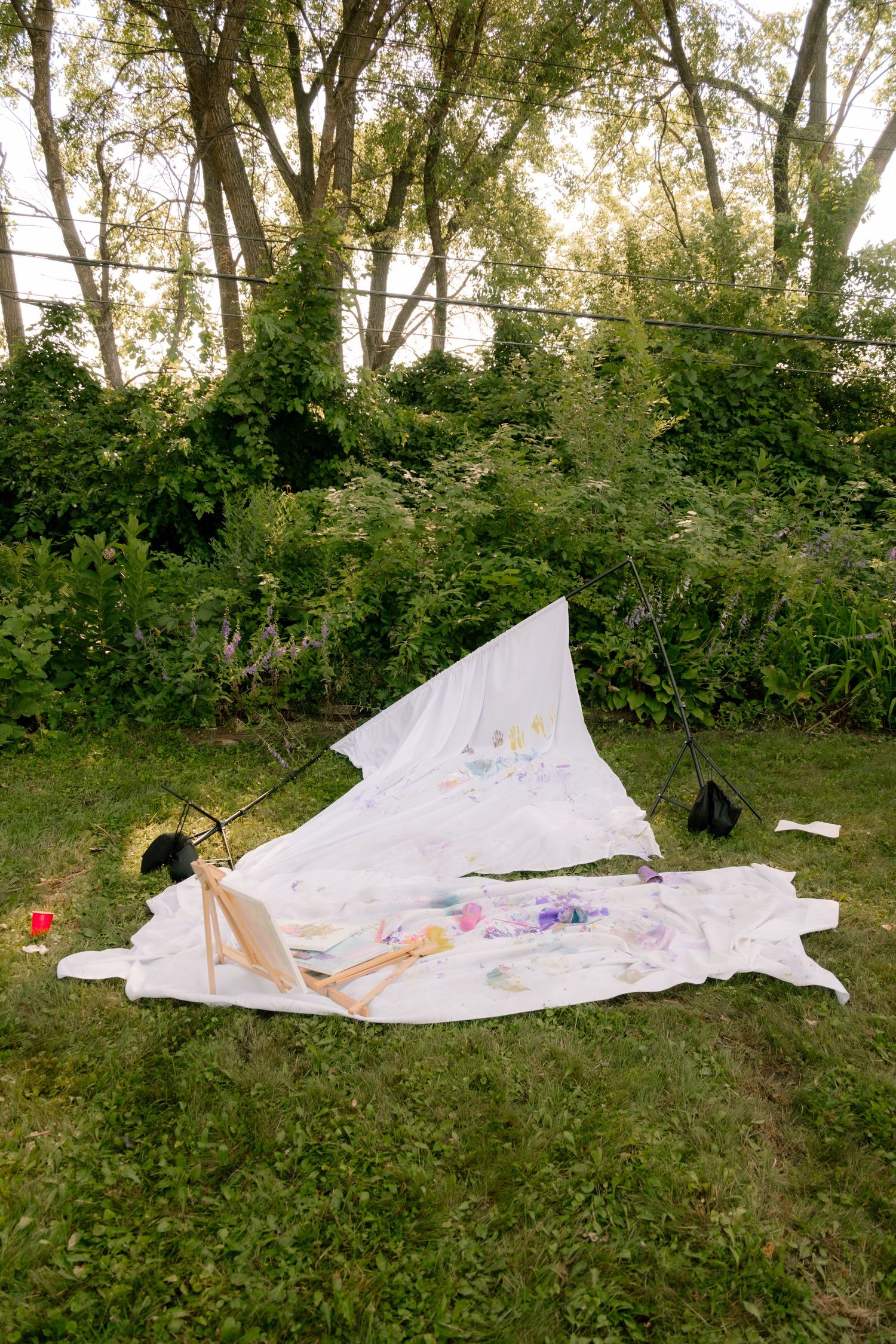 White canvas backdrop fallen on grass with scattered paint supplies in a backyard.