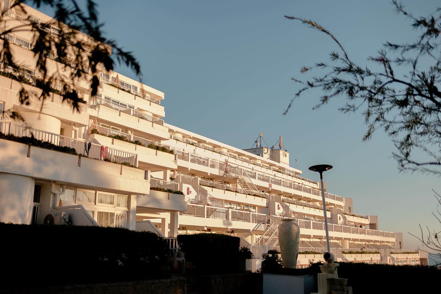 White multi-story apartment building with balconies photographed at dusk with tree branches in foreground.