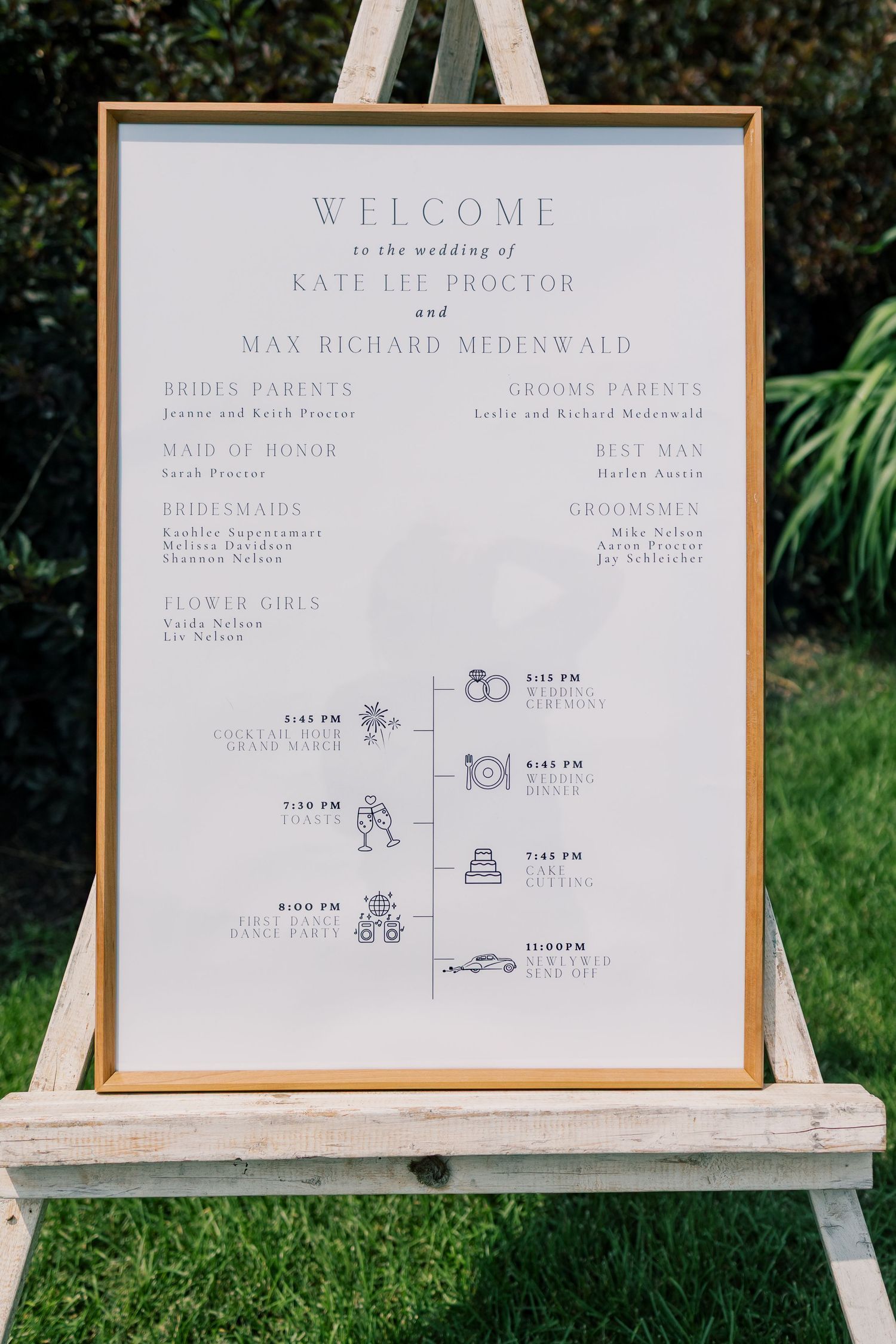 Wedding day timeline sign with elegant typography displaying schedule of events.