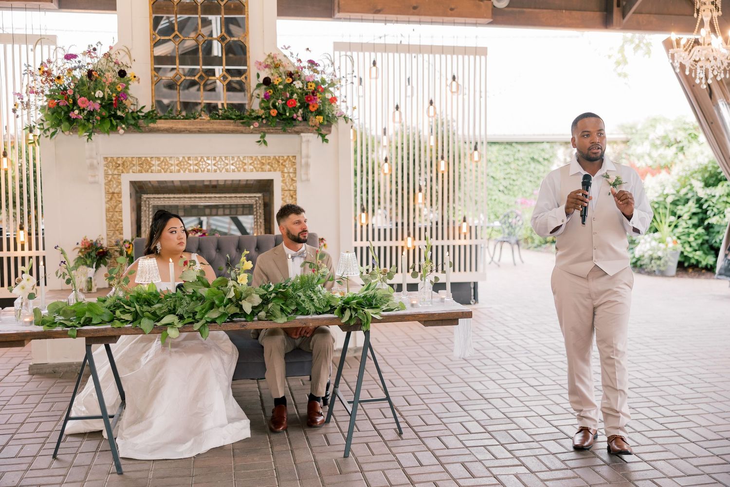 Series of candid wedding moments captured under a covered outdoor venue with brick details.