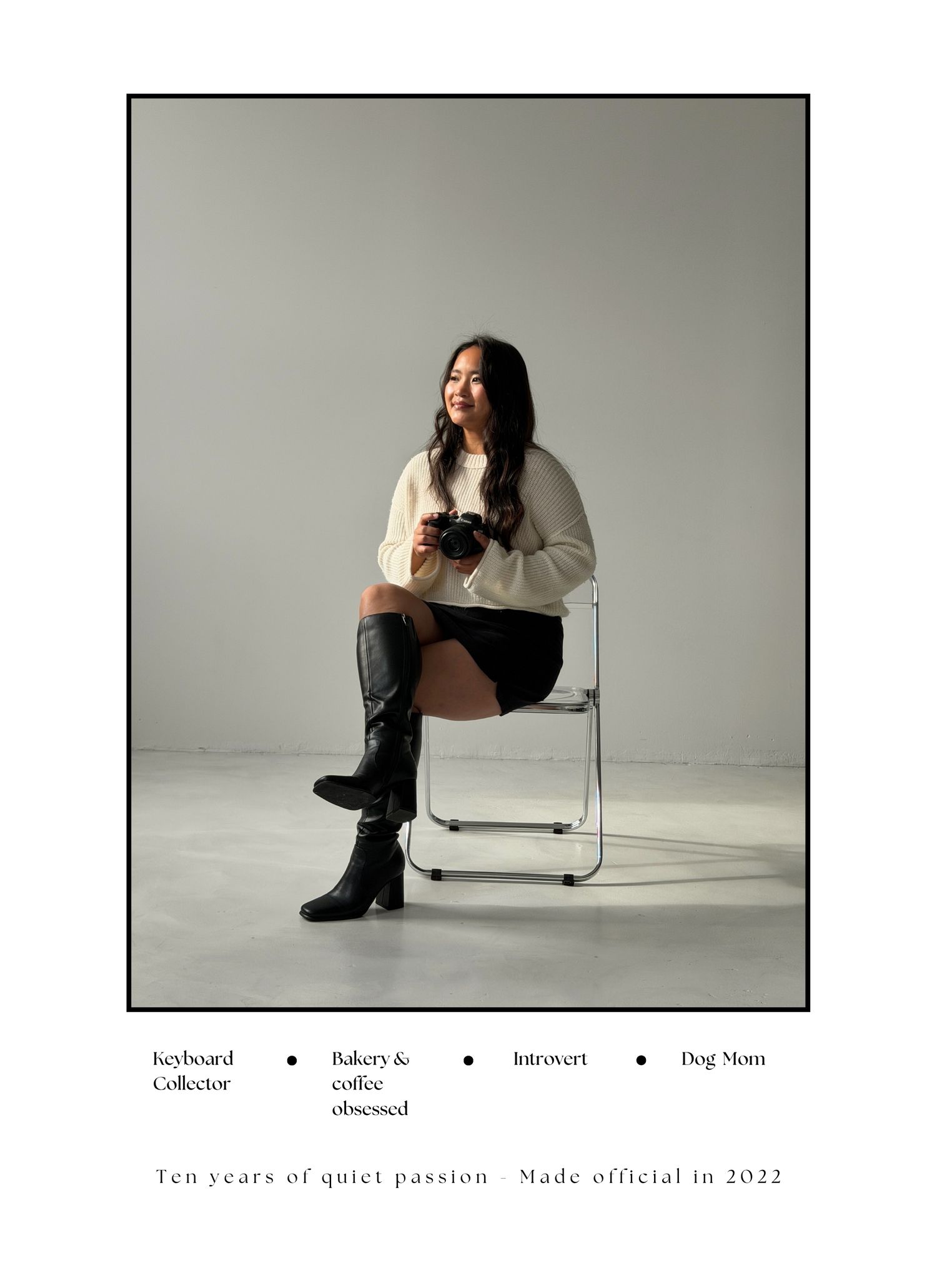Minimalist studio portrait series showing figure in white shirt and dark pants seated on modern white chair against gray backdrop.