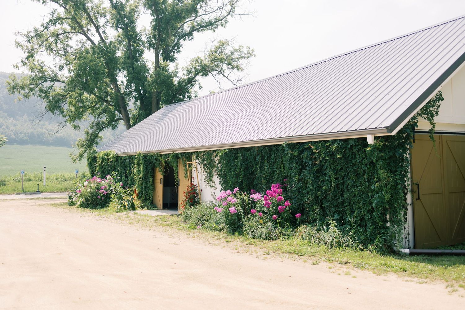 A collection of exterior shots showing rural buildings and structures against a natural landscape backdrop.