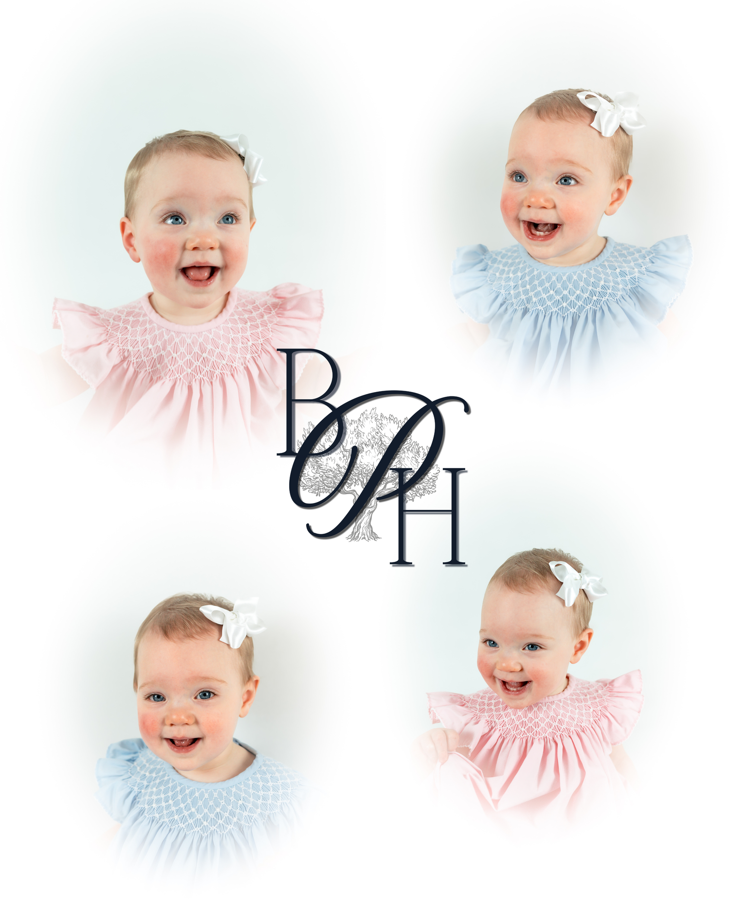 Four smiling baby girls in pink and blue smocked dresses arranged around a monogram logo BPH on white background.
